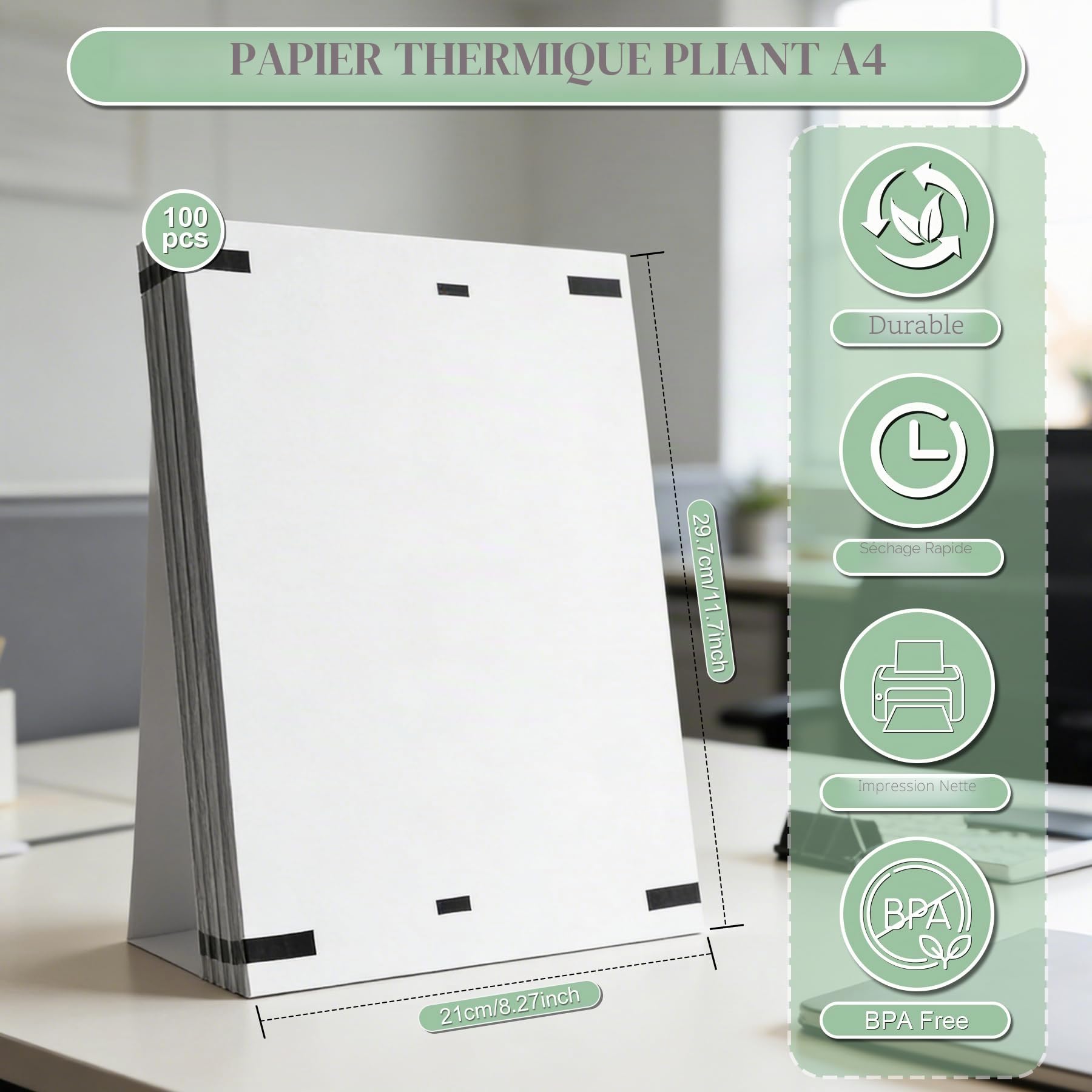 Papier Thermique A4 Pliable 200 Feuilles Sans BPA Séchage Rapide pour Imprimante Thermique