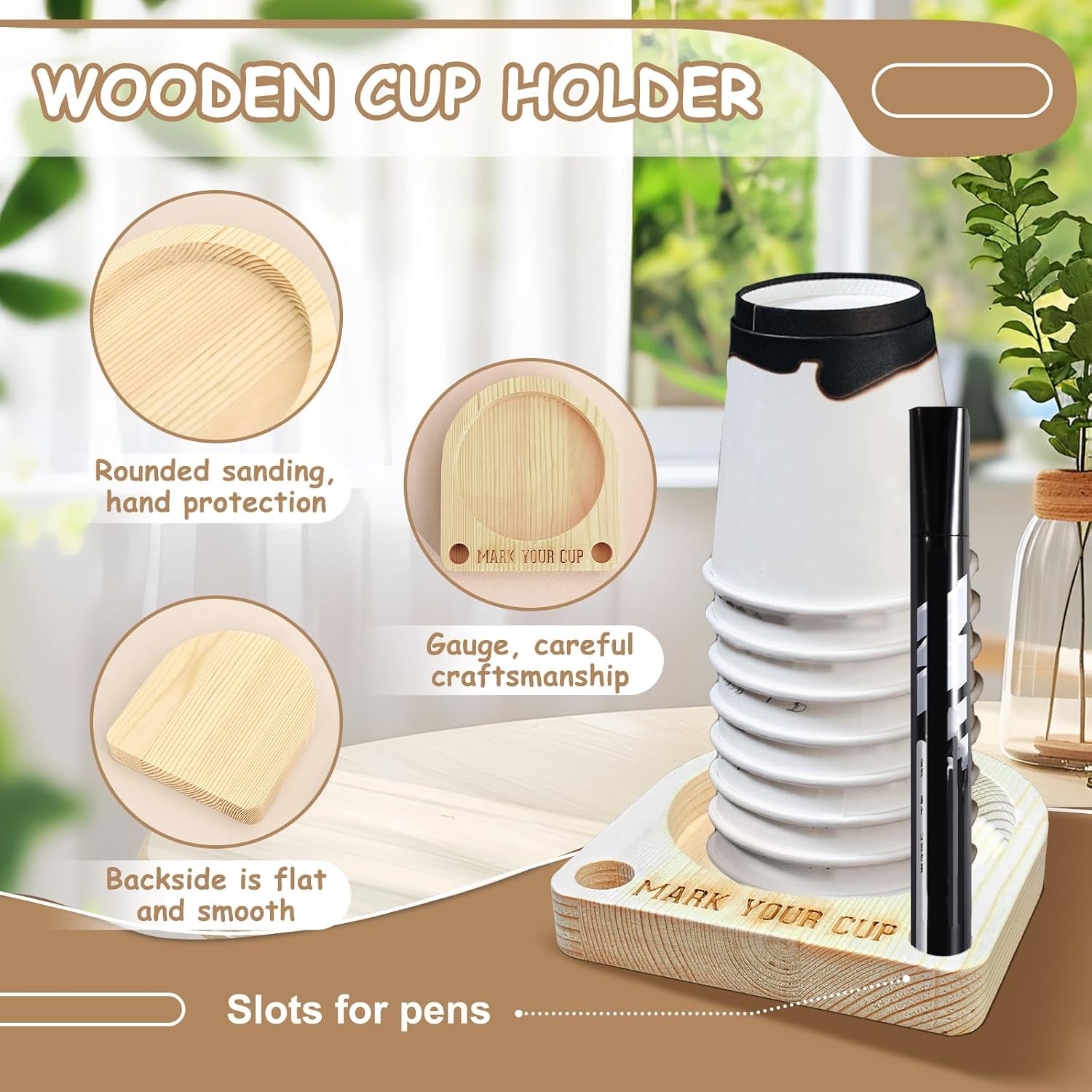 Wooden Cup Holder with Marker Slot, Party Cup Dispenser for Party