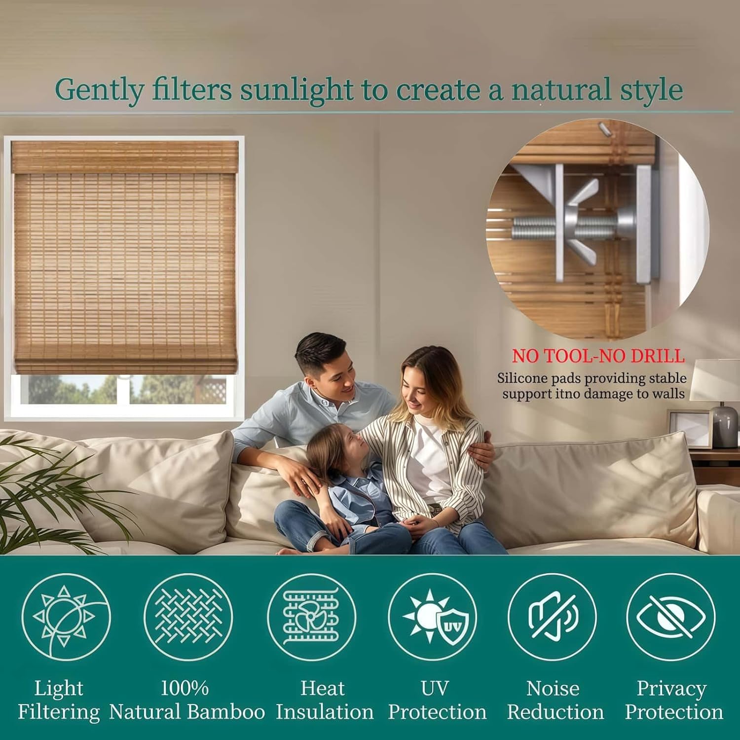 No Tools No Drill Cordless Bamboo Roman Shade Blind Woven with Valance Wood Roman Shades Light Filtering Natural Bamboo Shades.Squirrel Style.for Windows Door.38 W x 74" H