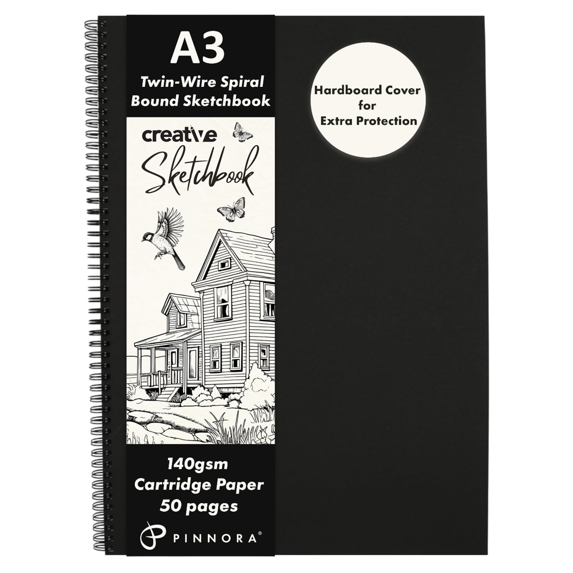 Pinnora A3 Black Cover Creative A3 Sketchbook (140Gsm) - Black Hardcover Sketch Book With Thick Cartridge Paper | Twin-Wire Spiral Bound Sketch Pad, A3 Drawing Pad For Sketching - Art Book For All Ages (50 Pages)
