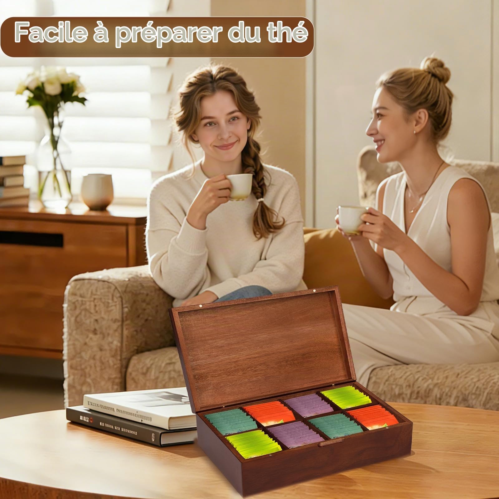Boîte à Thé en Bois avec 8 Compartiments, Rangement pour Sachets de Thé