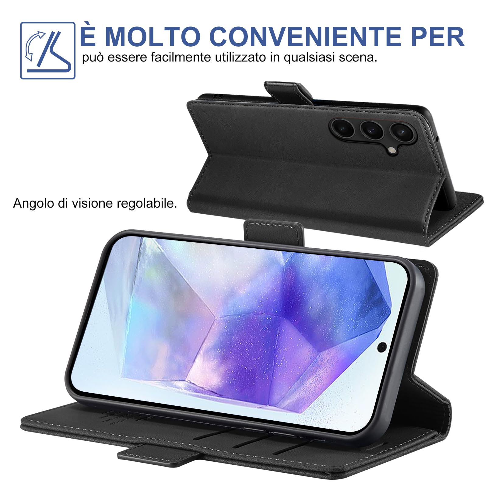 Giyer Cover per Samsung Galaxy A56 5G Custodia con Vetro Temperato, Premium Pelle PU Portafoglio Slot per Scheda RFID Antifurto Funzione Supporto Flip Case, Antiurto per Samsung A56 5G Cover (Nero)