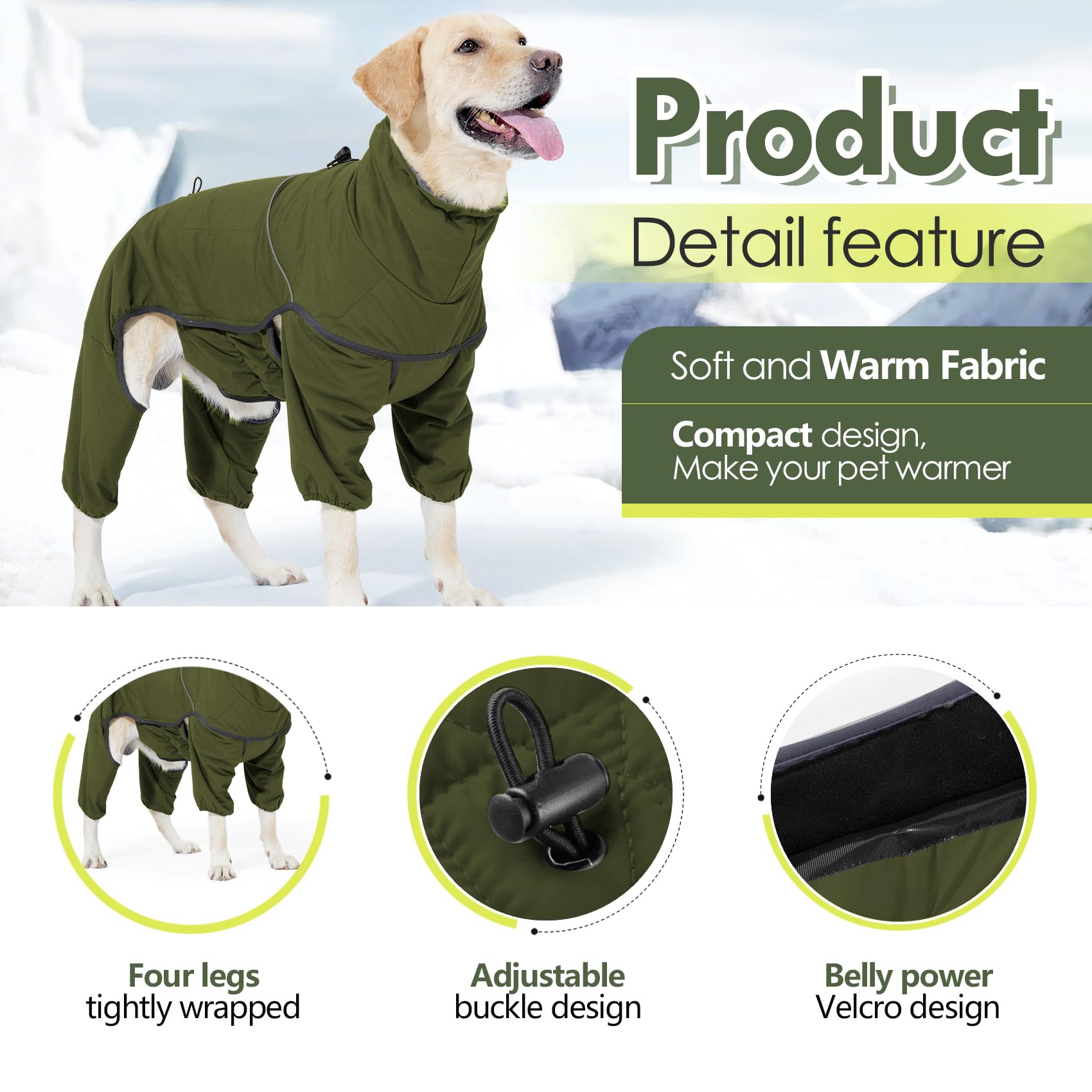 Cappotto riscaldato per cani a quattro zampe, impermeabile, regolabile, con collo alto a ritrazione, abbigliamento invernale per cani di taglia piccola, media e grande (verde, 3XL)