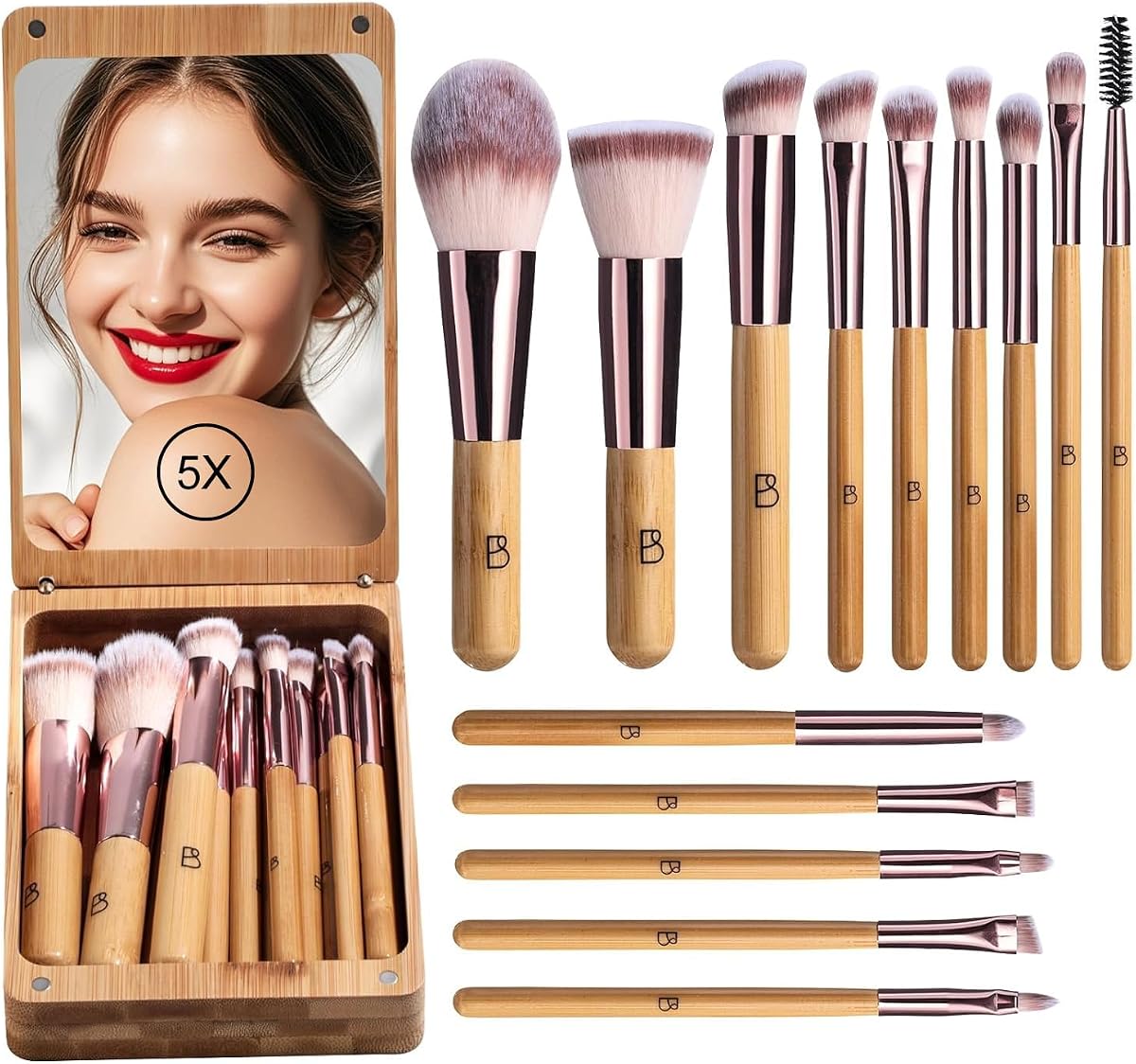 Juego de 14 Brochas de Maquillaje de Viaje, Base/Corrector/Ojo, Espejo LED (E-Bambú)