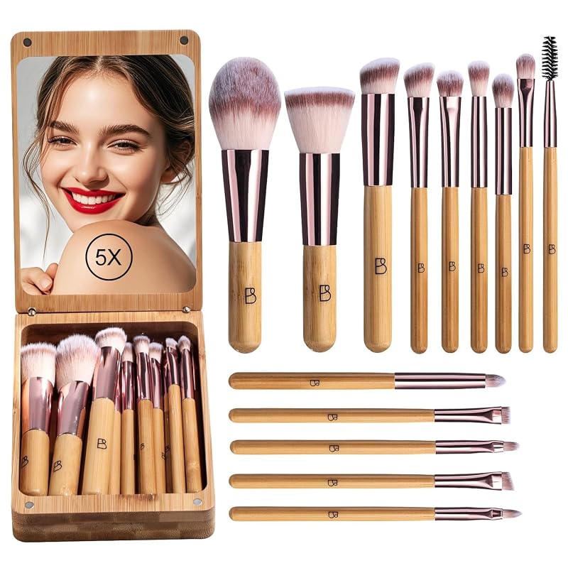 Kit de 14 Pincéis de Maquiagem BS-MALL com Espelho LED 5x e Estojo E-Bamboo
