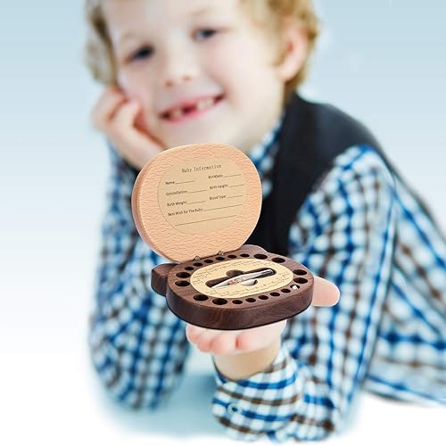 Miniatura 6 de AhfuLife Caja de recuerdo de dientes de bebé con botella de lanugo, caja de recuerdo de madera con forma de panda para los primeros dientes