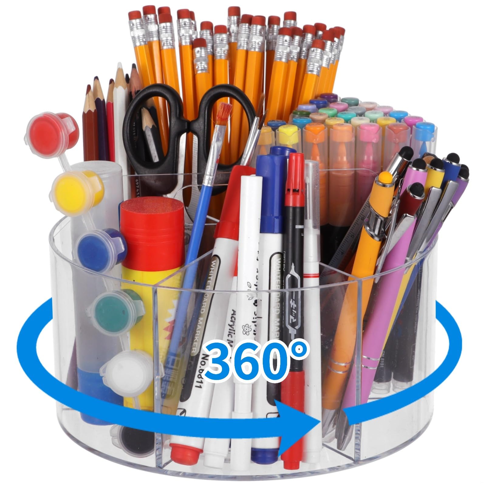 Schreibtisch-Organizer, 13 x 19 cm, drehbarer Stifthalter aus Acryl mit 6 Fächern, 360° Aufbewahrungsbehälter, transparenter tragbarer Stift-Organizer für Zuhause, Büro