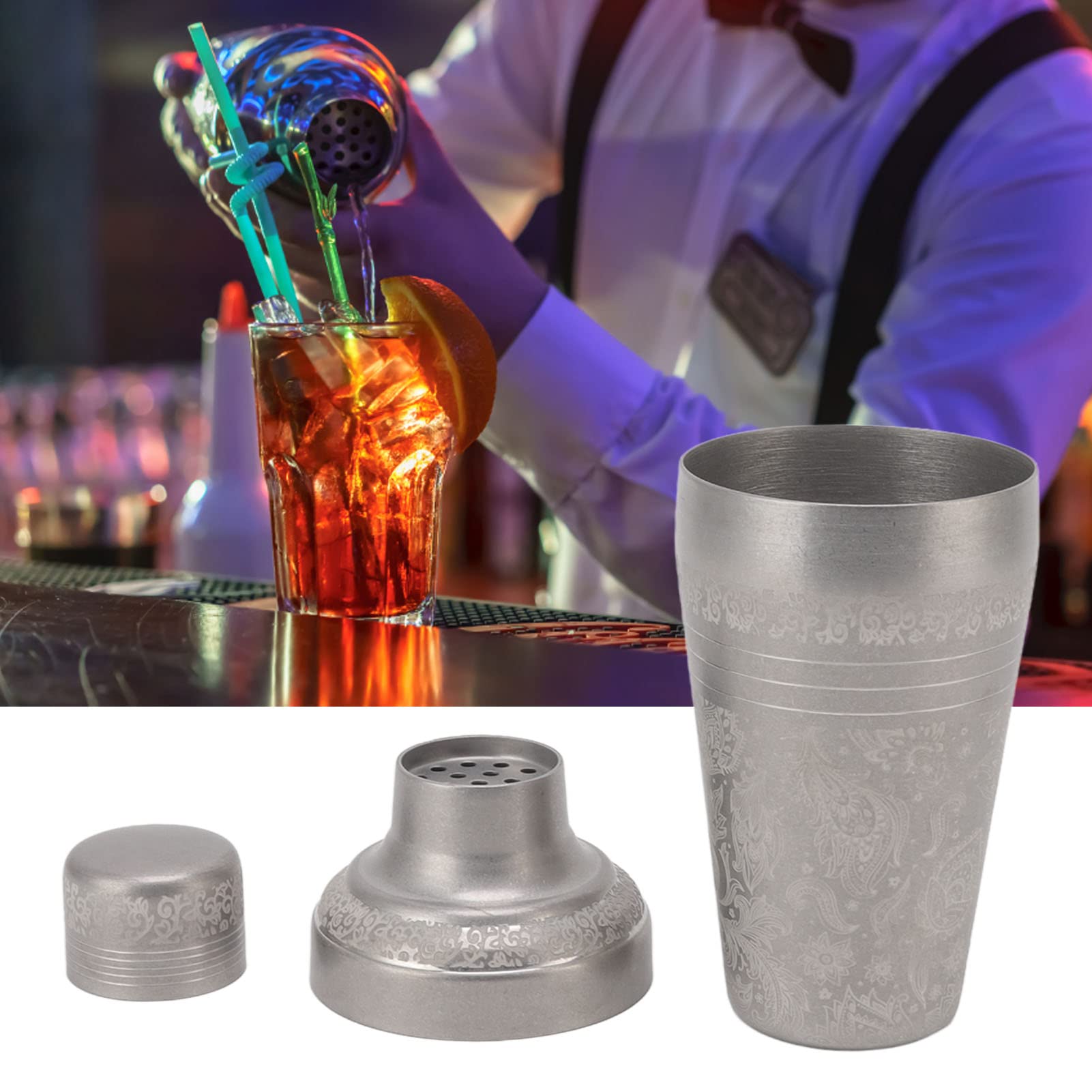 Coctelera, apta para lavavajillas, a prueba de óxido, mezclador de bebidas de camarero de acero inoxidable 304 para Bar (Grabado estilo japonés esmerilado)