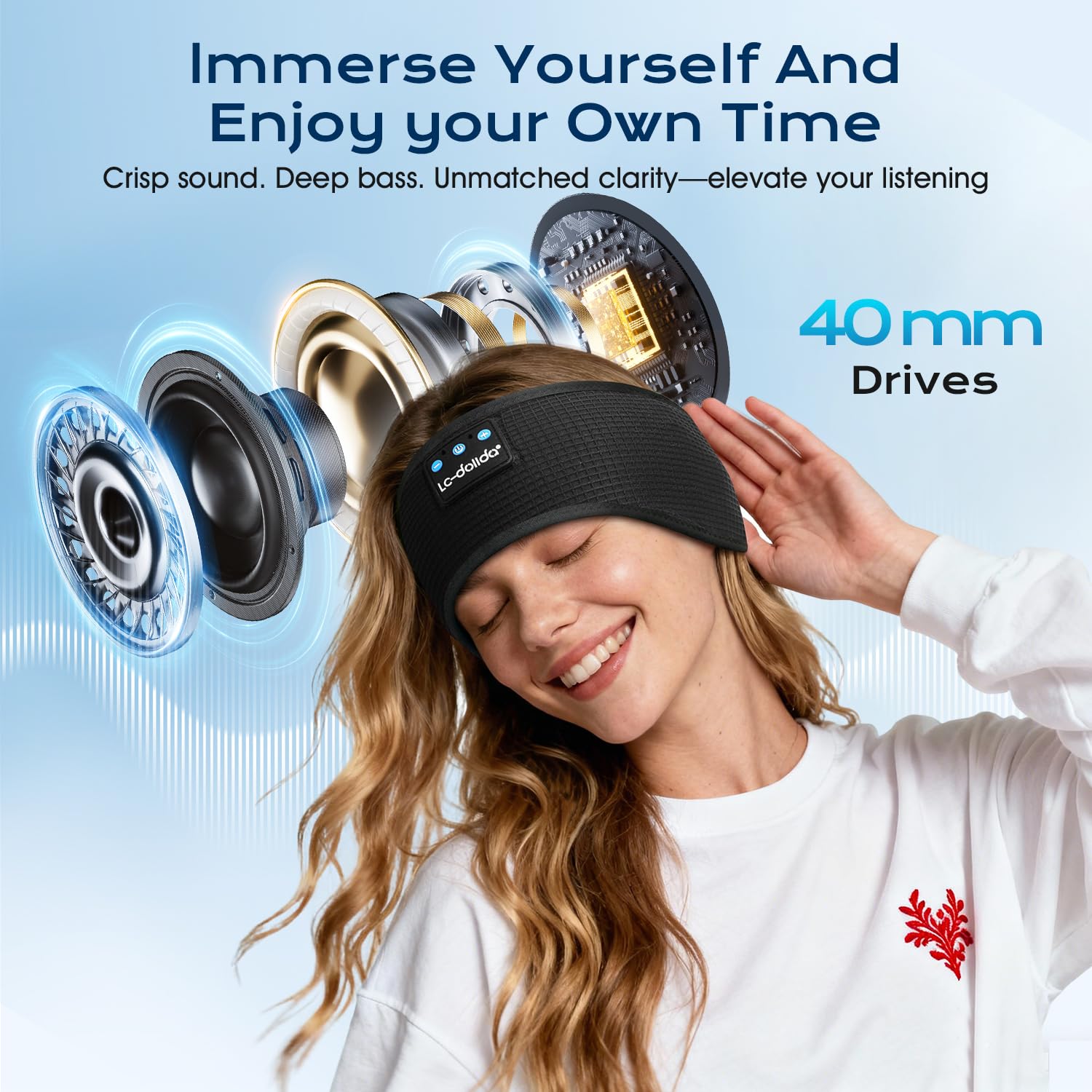 LC-dolida Bandeau Écouteurs de Sommeil Bluetooth V5.4, Casque Audio Bandeau sans Fil, Bandeau Audio Sommeil de 15 Heures de Lecture, Bandeau de Sommeil Léger avec Stéréo HiFi - 3