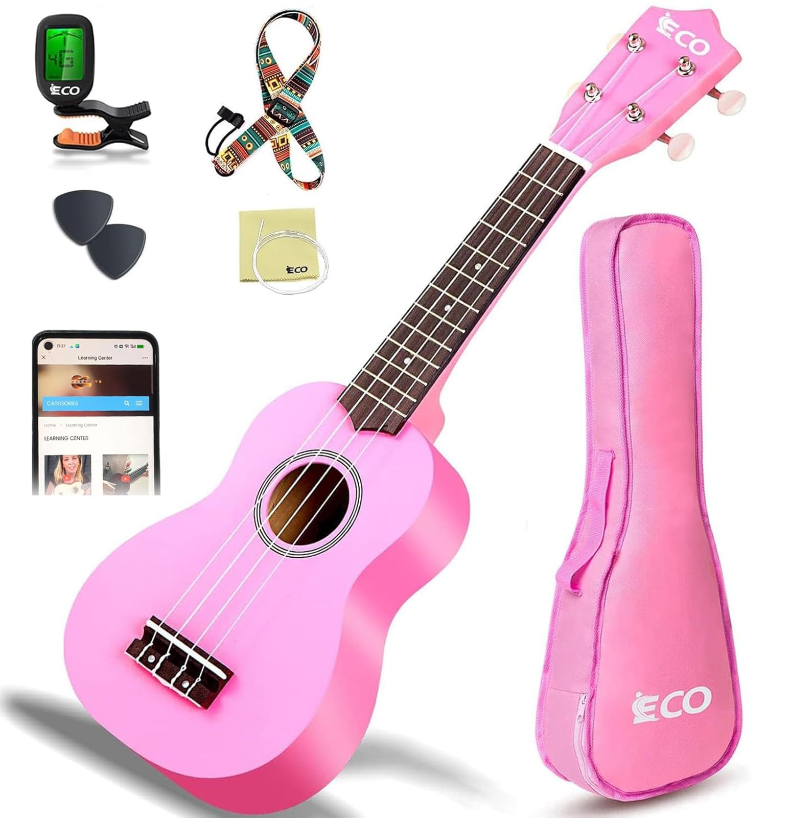 Kit de débutant ukulélé soprano pour enfants et débutants, Ukelele 21 pouces avec recueil de chansons, étui, sangle, accordeur, cordes et médiators