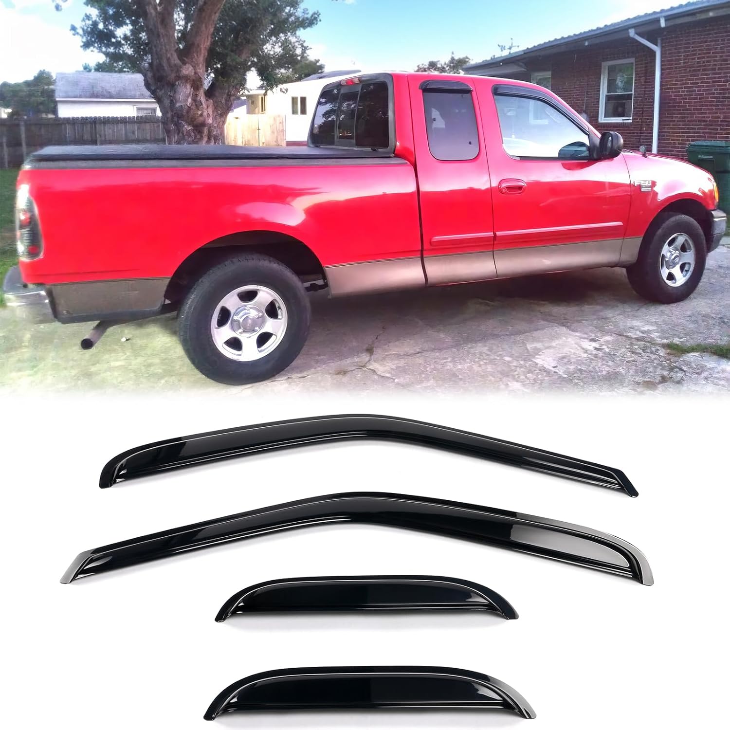 FREEMOTOR802® Tape-on Side Window Visors Wind Deflectors Rain Guards Vent Visors, Compatible with 1997-2003 Ford F-150 F-250 Extended Cab, Slim Style Smoke Tinted Acrylic 4 Pieces