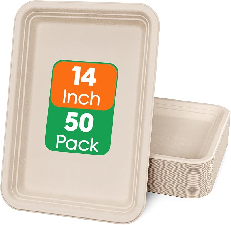 Paquete de 50 bandejas desechables compostables de 14 pulgadas para alimentos naturales | Platos grandes de papel de Acción de Gracias para pavo, barbacoa, suministros para fiestas de hervir mariscos, resistentes, biodegradables, bagazo de caña de azúcar