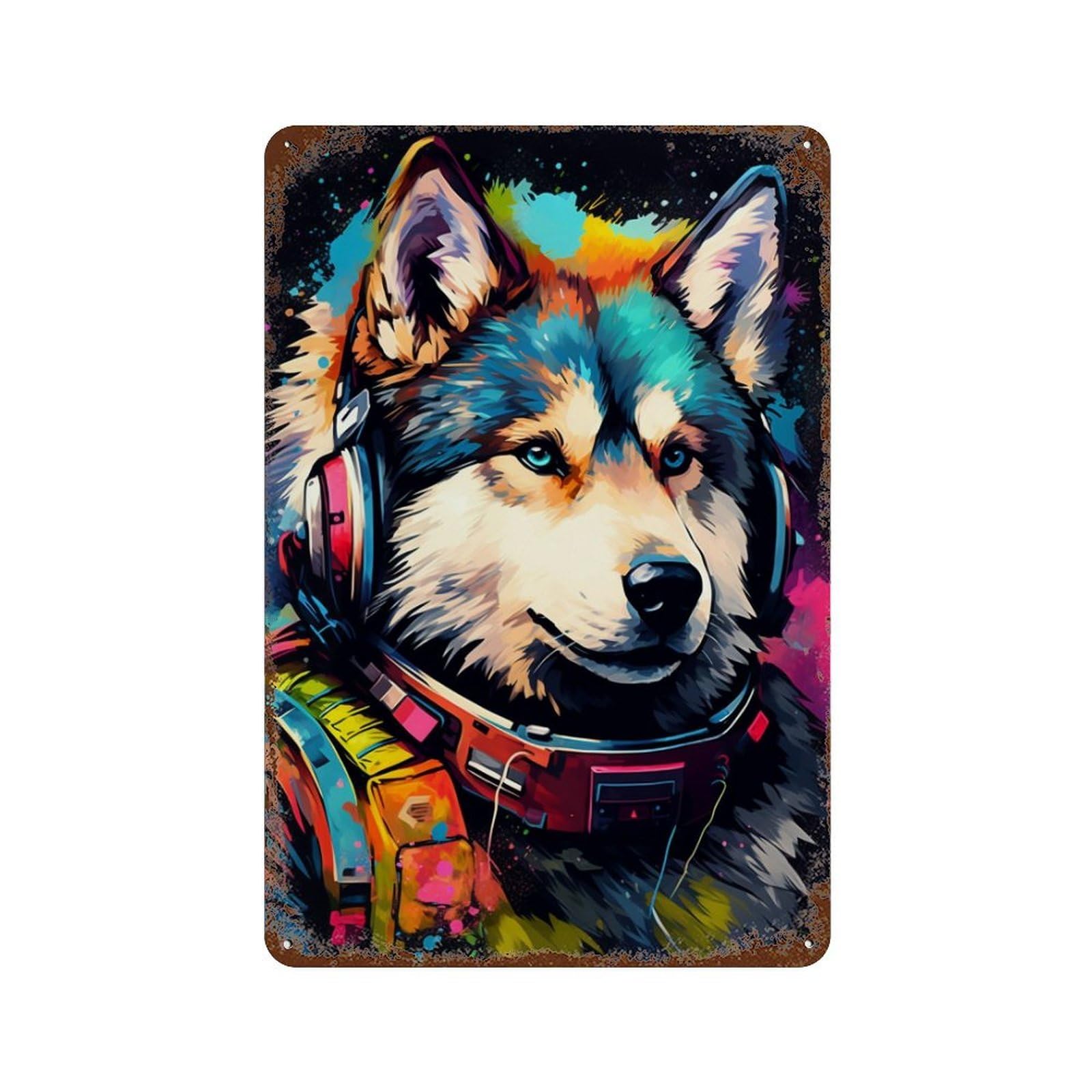 Rust Effect Colorful Wolf Astronaut Art Print Rusty Metal Tin Sign 11.8"x7.9", Decorative Metal Wall Art for Farmhouse, Kitchen And Entryway Decor