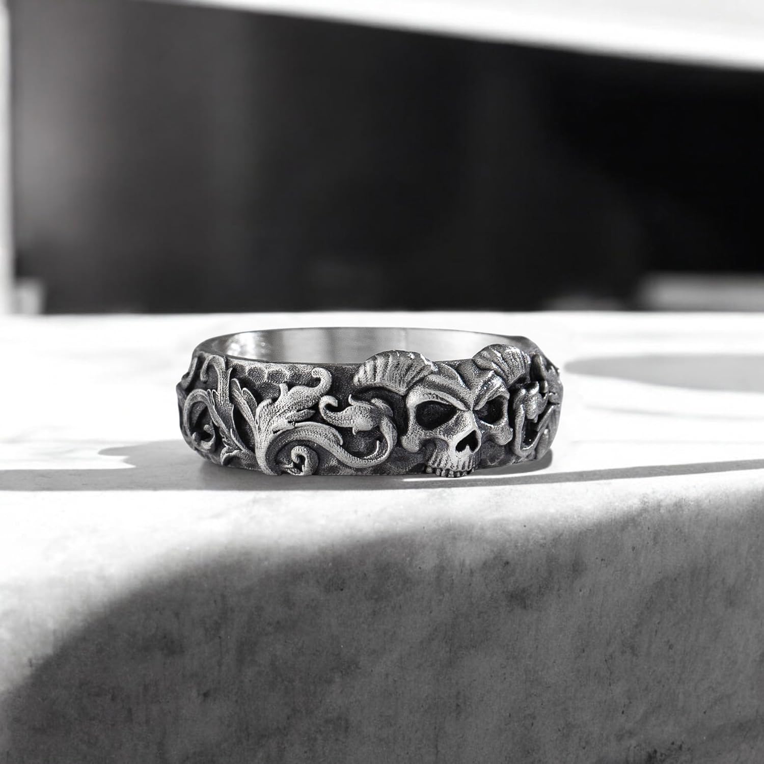 Gothic Skull Ring For Men in 925 Sterling Silver, Vintage Gothic Jewelry For Men; Boyfriend - Dad - Husband, Punk Oxidized Silver Band, Handcrafted Biker Mens Ring with Demon, Gifts For Him