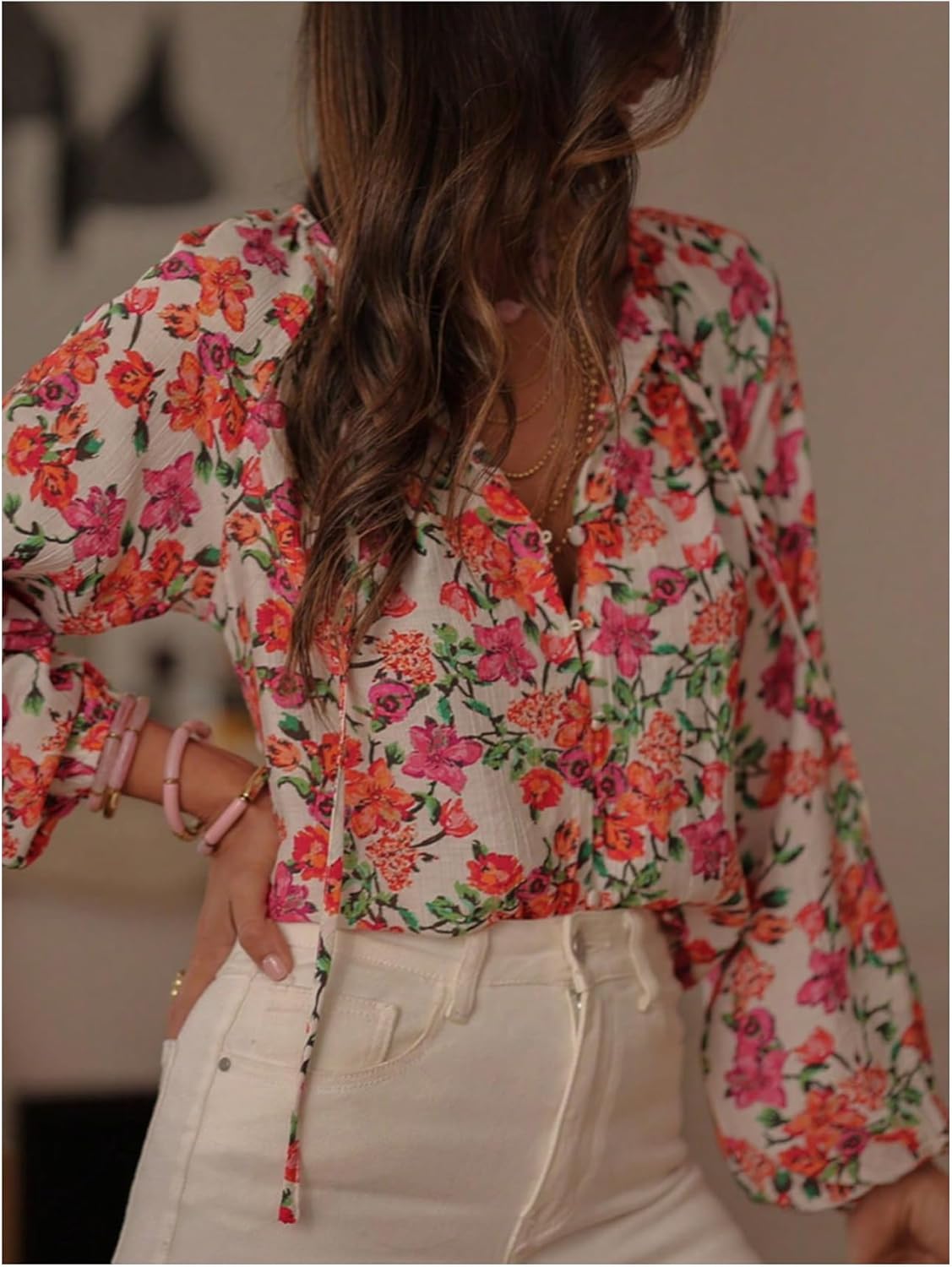 GORGLITTER Women's Boho Floral Blouse Bishop Long Sleeve Button Down Shirt Fall Outfits 2025 - Image 3