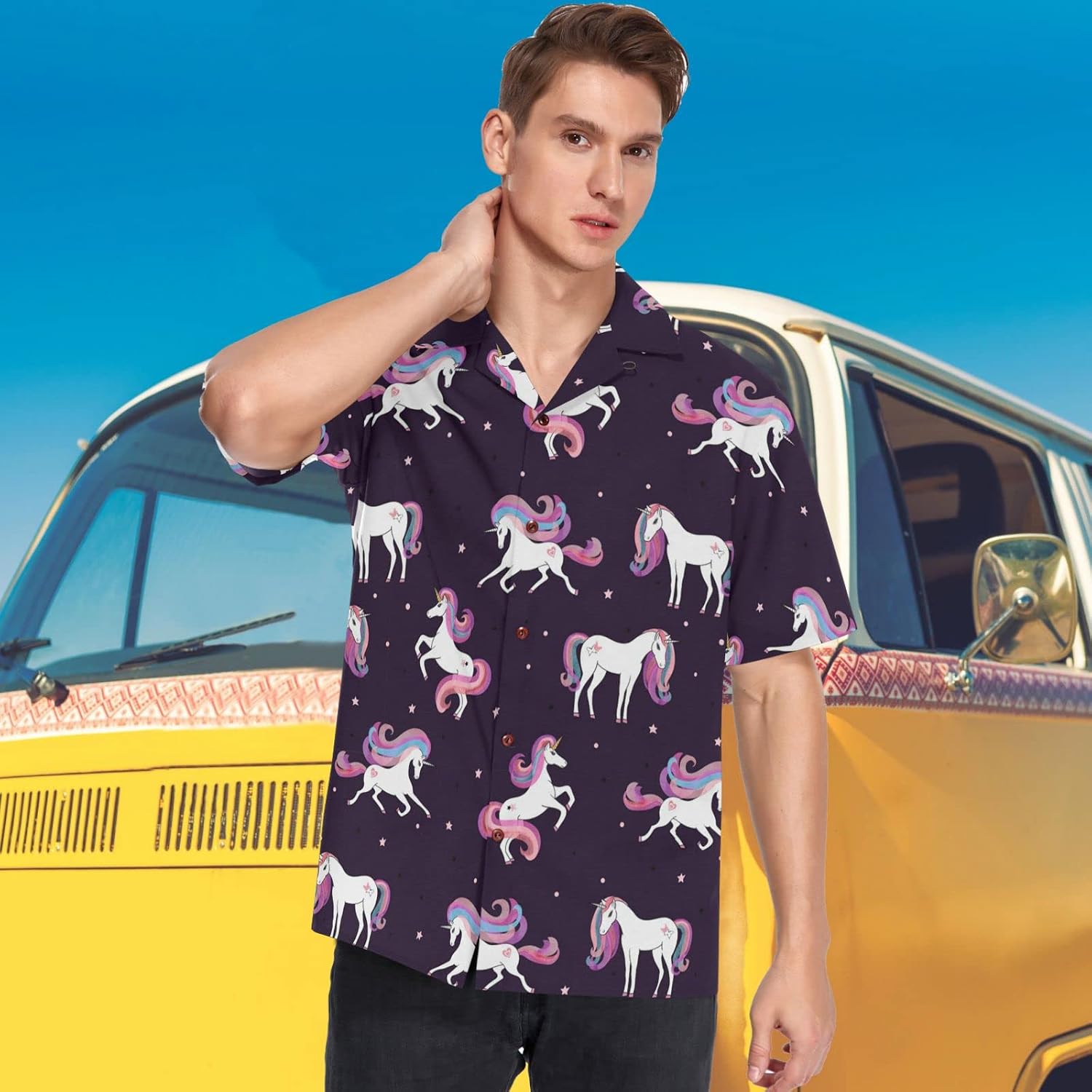 visesunny Stylish Men's Seasonal Hawaiian Print Button Down Short Sleeve Shirt Beach Clothing Unisex S-XXXL