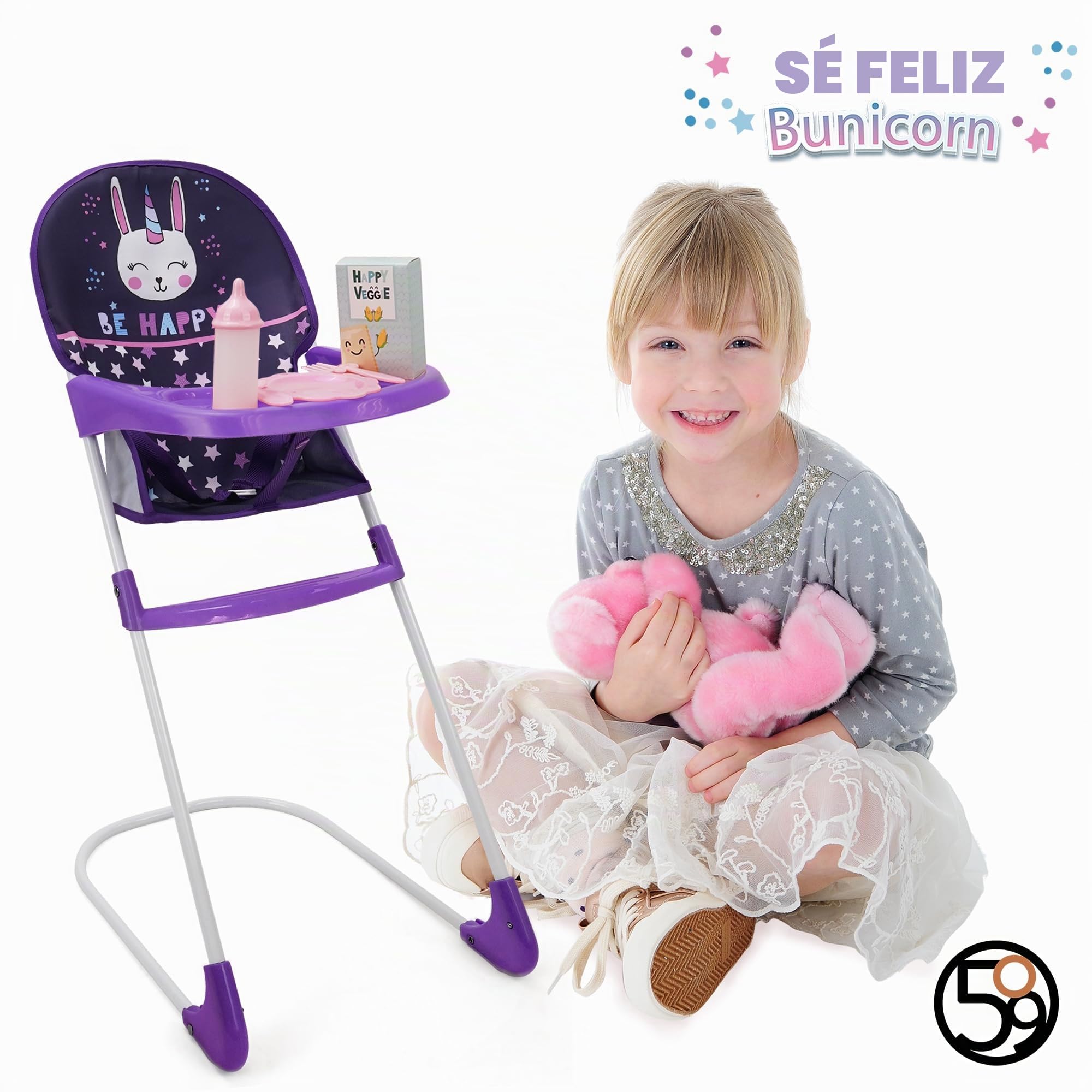 509 Crew Bunnicorn Combo de Juego de 8 Piezas: Cochecito Clásico, Silla Alta, Bolsa de Pañales, 5 Juguetes de Alimentación para Muñecas de 46cm, Juego de Simulación para Niños de 3+