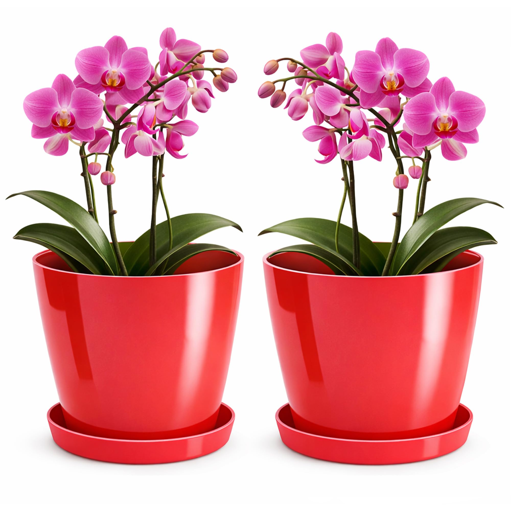 PECZEKO Shiny Flower Pot, Plastic Planter, Decorative Pot for Large and Small Plants, Set of 2 Flower Tubs with Saucer, Flower Pot Herb Pot, Red, Diameter 18 cm โ image 1