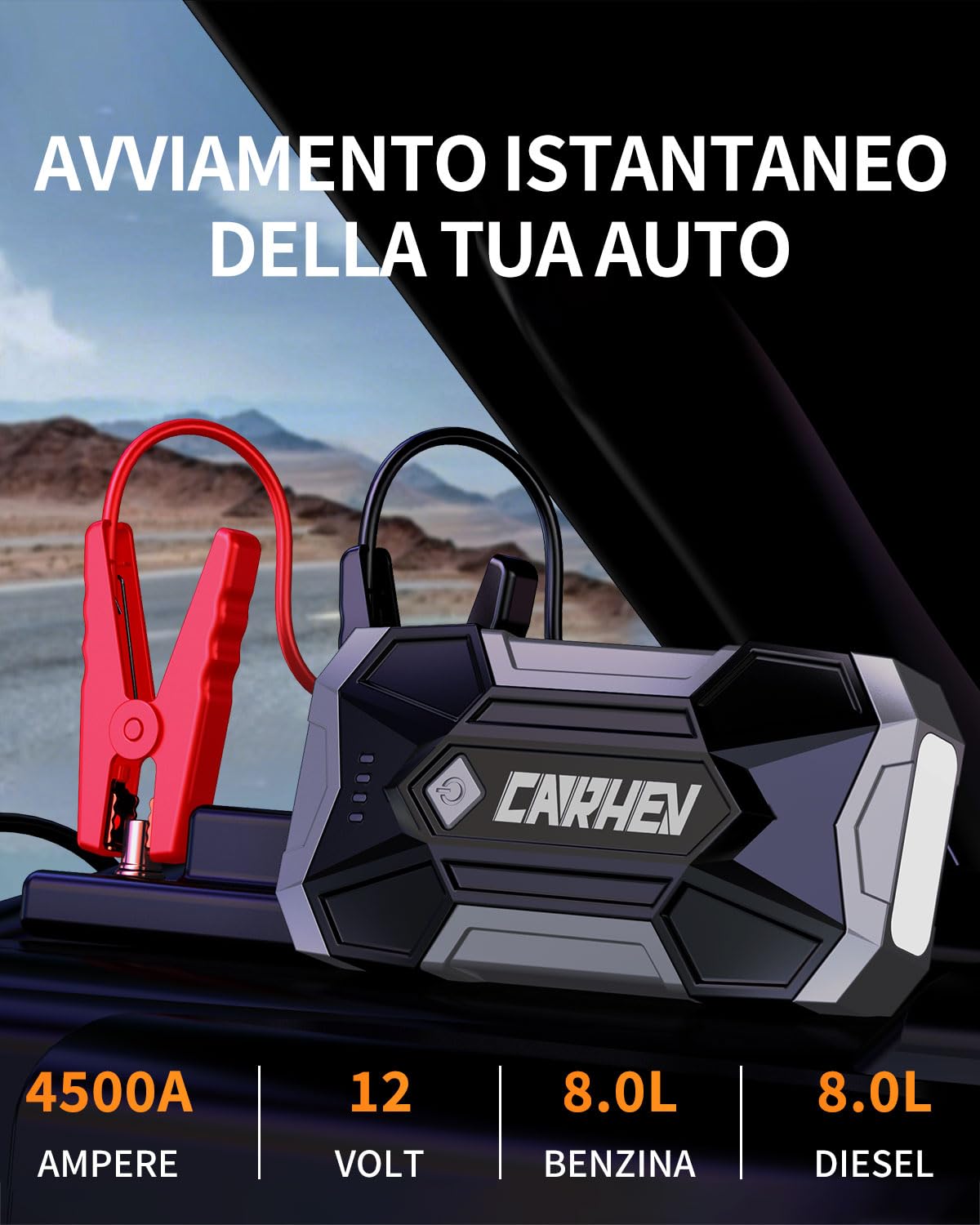 CARHEV Avviatore Batteria Auto 4500A, 12V Avviatore Emergenza per Auto (fino a 8.0L Benzina o 8.0L Diesel), Booster Avviamento Autos con Torcia a LED, Starter Batteria con USB Quick Charge 3.0