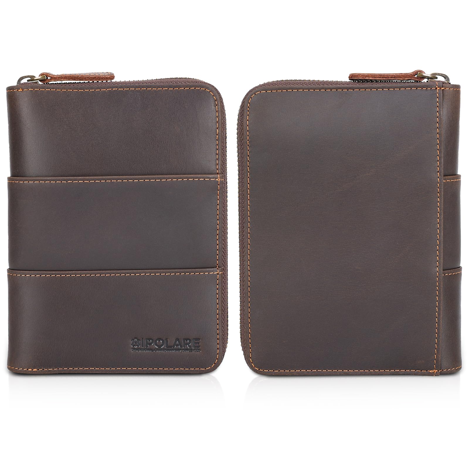 Polare - Cartera de Viaje de Piel Completa con Cremallera YKK y Bloqueo RFID para 2 pasaportes, marrón Oscuro con Ranura AirTag, Vintage