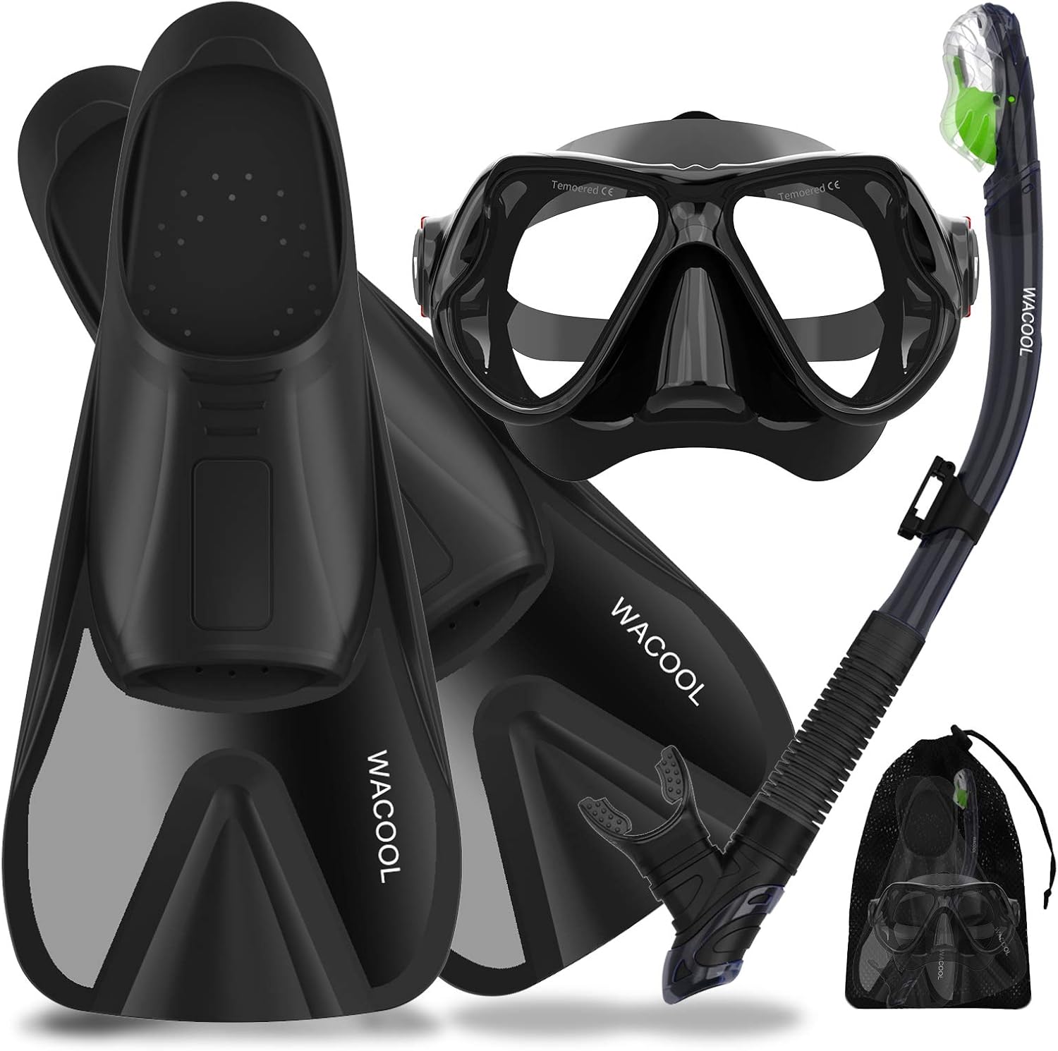 WACOOL Adults Snorkeling Snorkel Scuba Diving Package Set Gear with Travel Full Foot Short Swim Pocket Fins Anti-Fog Coated Glass Silicon Mouth Piece Purge Valve and Anti-Splash : Sports & Outdoors