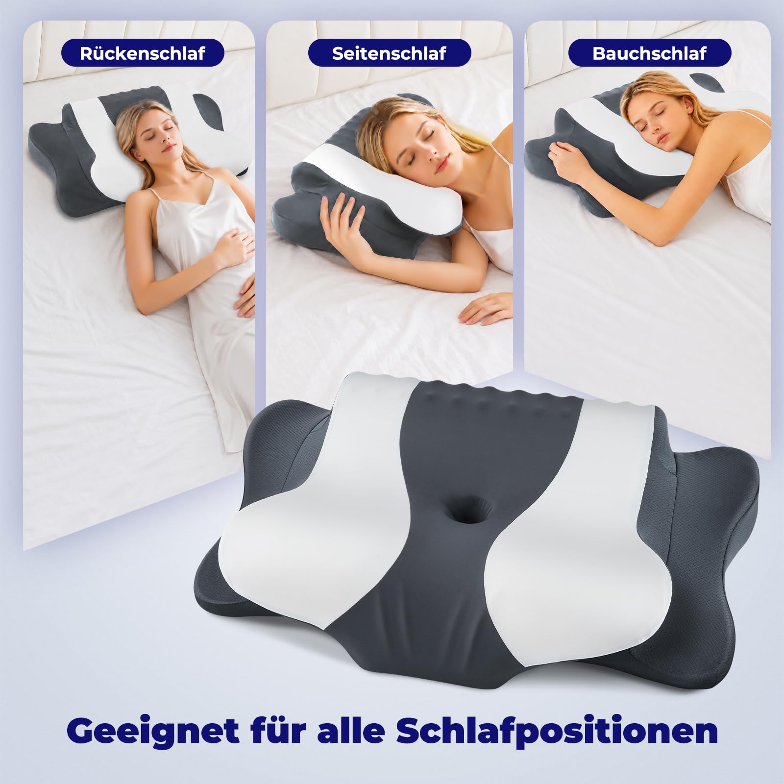 DONAMA Nackenkissen Memory Foam Schmetterlingsform zum Schlafen, 2 Höhen | Nacken- und Schulterkomfort, ergonomisches kopfkissen für jede Schlafposition, Maße 64x39x10/13 cm, für die ganze Familie