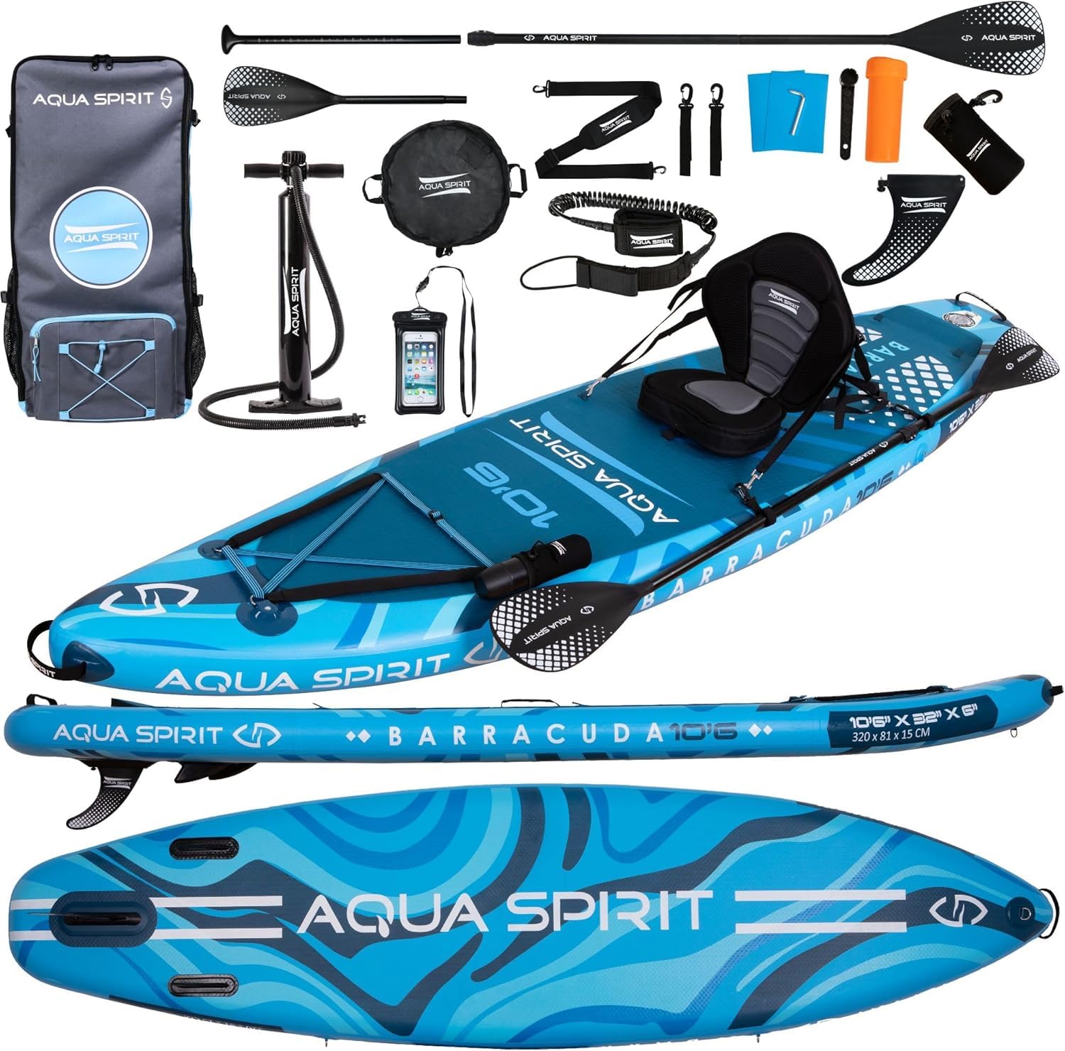 AQUA SPIRIT 320x79x15cm Sup Tabla Hinchable de Paddle Surf Kit de Conversión de Kayak con Pala Ajustable de Aluminio
