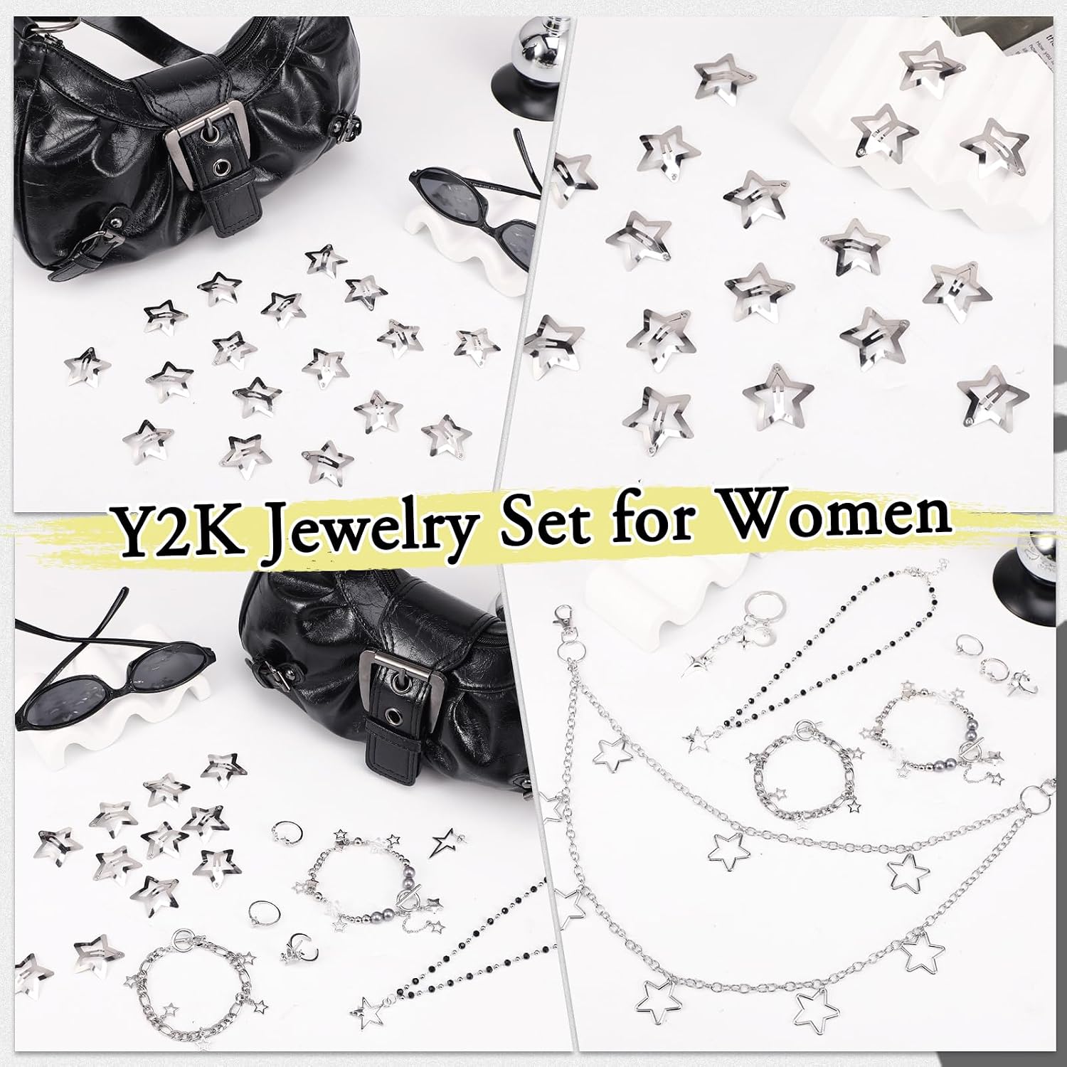 JATEBI Y2k Accessories Set Included Star Y2k Silver Necklace Y2K Star Shoulder Bag Sunglasses Star Hair Clip Y2k Silver Vintage Jewelry Set