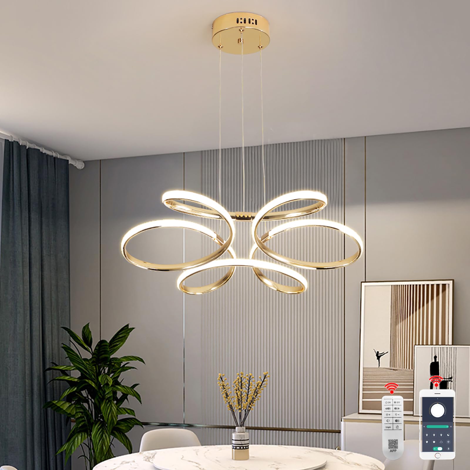 TONGCIYU Nowoczesny żyrandol do jadalni, kuchni, żyrandola i wejścia, ściemniana lampa wisząca LED o regulowanej wysokości, 32 W, do przedpokoju, salonu, sypialni, 58 cm (złoty M)