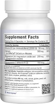 Maxi Health Vitamin D3 K2 with Calcium & Magnesium (120 Capsules) | Kosher | Calcium Magnesium with D3 & K2 | Bone, Teeth & Joint Support | Non-GMO | Doctor Formulated