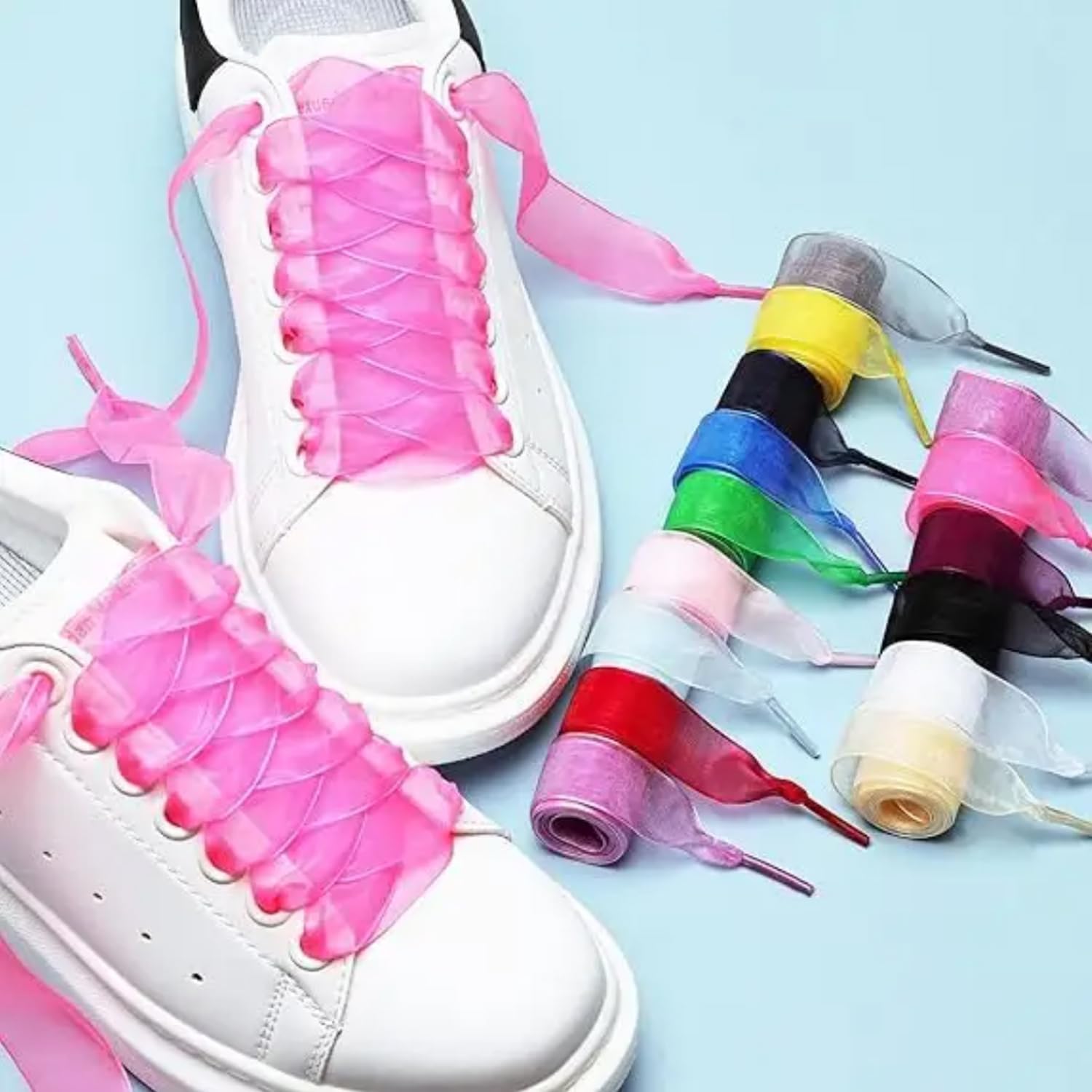 2 Pairs Fashion Shoelaces, Soft Satin Ribbon Shoe Laces, Flat Snow Yarn Shoestrings for Women Girls Sneakers