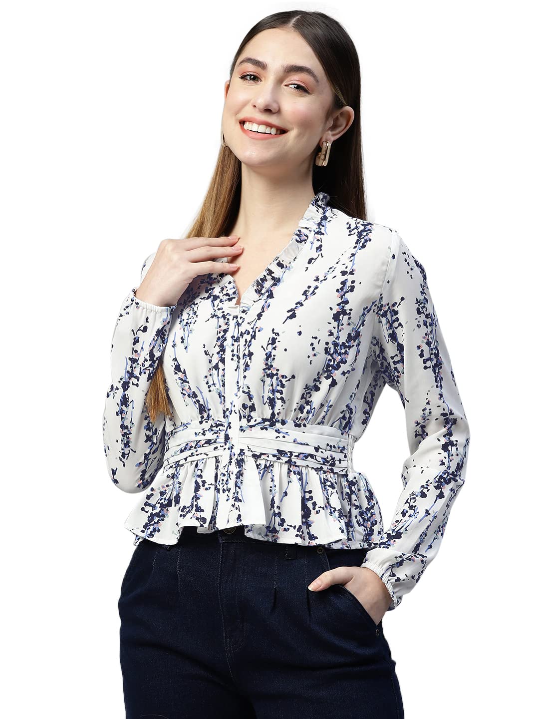 IVES Women’s White V-Neck Printed Polyester Full Sleeve Top – Regular Fit, Medium