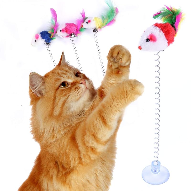 Brinquedo para Gatos com Mola, Ratinho de Pelúcia, Penas e Ventosa KABB – Pacote com 3