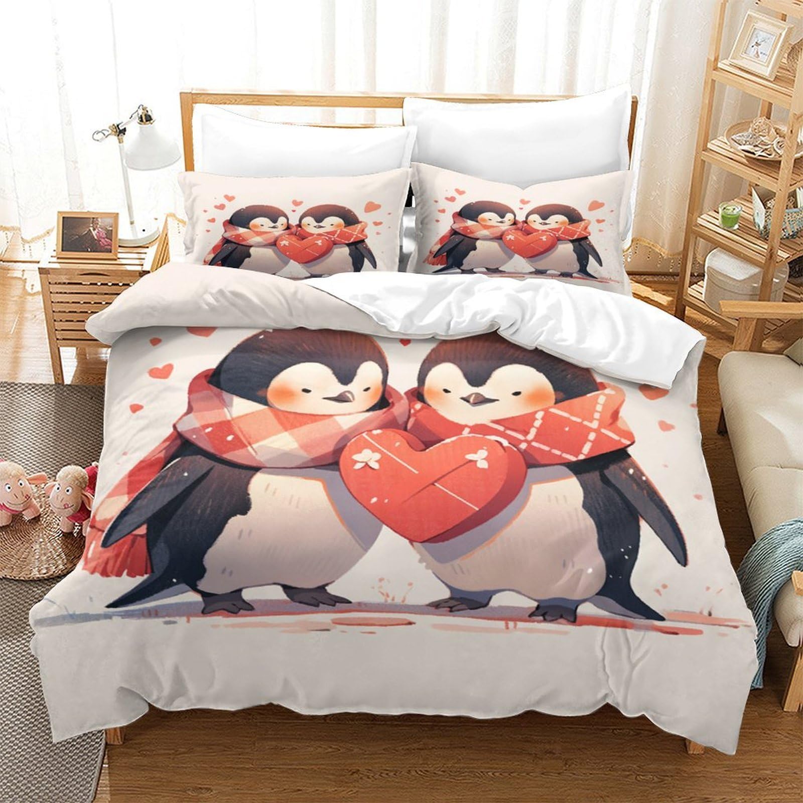 3D Gedruckt Niedliche Pinguin Pärchen Bettbezug Mikrofaser Sanft Schlafzimmerdeko Pinguin Bettwäsche Set für Zuhause Super King（260x220cm）