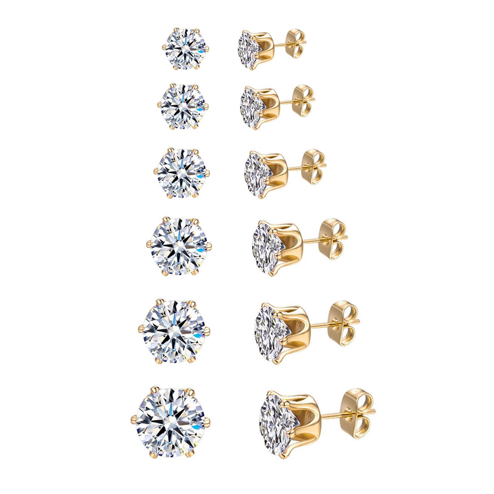 Ccino 6 Pairs Stainless Steel Stud Earrings for Women, Sterling Silver Stud Earring Set for Girls, Cubic Zirconia Hypoallergenic Sleeper Cartilage Studs, Sizes 3/4/5/6/7/8mm, 2 Colors in Silver/Gold