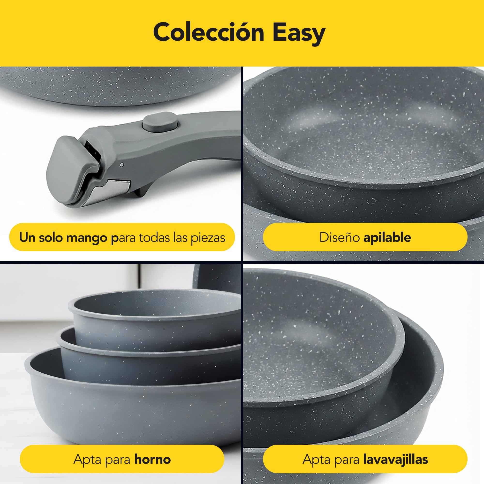CASTEY - Easy Pan Duo, Set de Sartenes con Mango Desmontable, Aluminio, Doble Recubrimiento Antiadherente, Apto para Horno y Todas las Cocinas, Fácil Limpieza, Gris