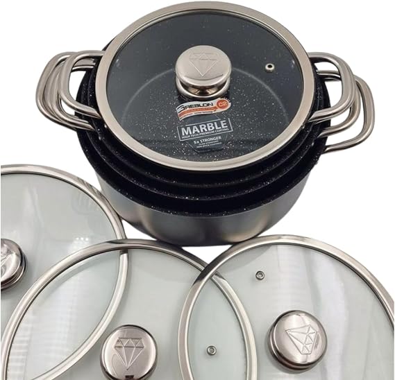 HAPISTUFF Non Stick Cookware Set - Granite Coating Pot and Pan Set - Glass Lid with Stainless Steel Handles for Kitchen - Grey (2PCS) (26cm Pot with Lid (4.8L))