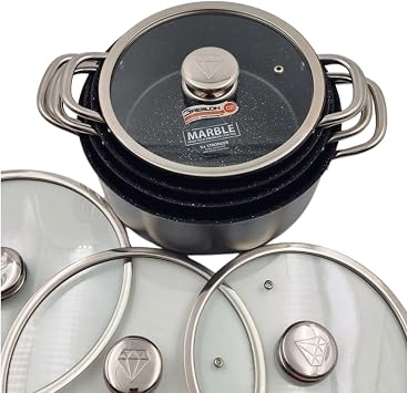 HAPISTUFF Non Stick Cookware Set - Granite Coating Pot and Pan Set - Glass Lid with Stainless Steel Handles for Kitchen - Grey (2PCS) (26cm Pot with Lid (4.8L))