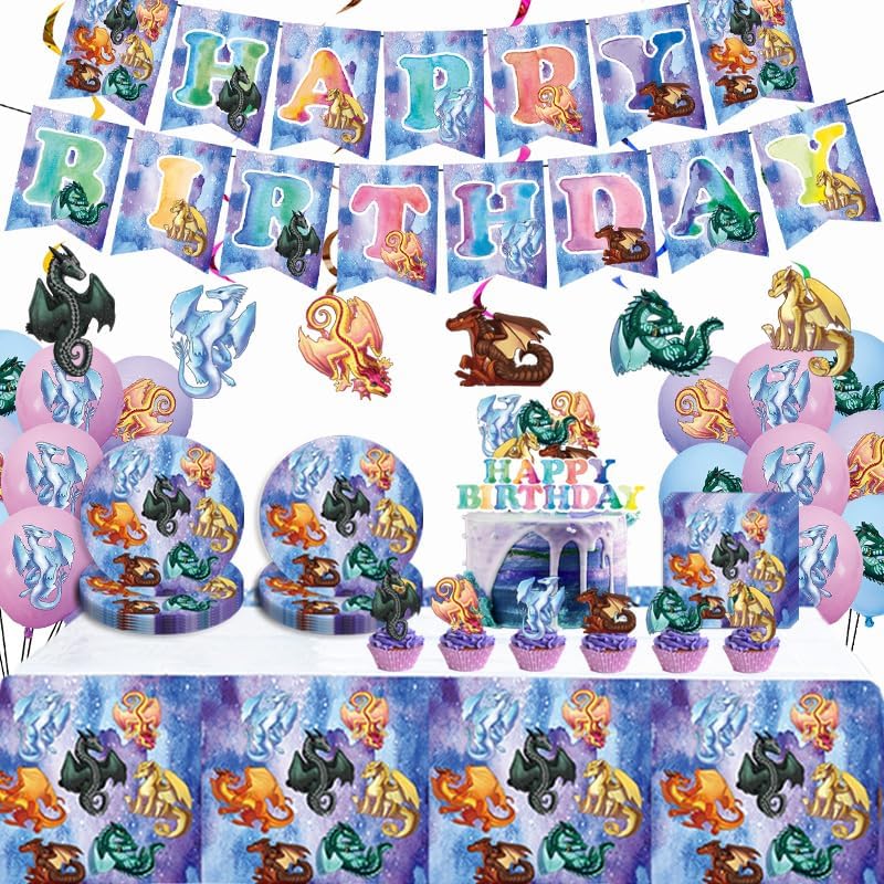 91 pcs Wings of Fire Party Decorations Dragon Theme Birthday Party Supplies Set with Tablecloth,Plates,Napkins, Banner, Balloons Hanging Swirls Cake Cupcake Toppers for Boys Girls Dragon Theme Party