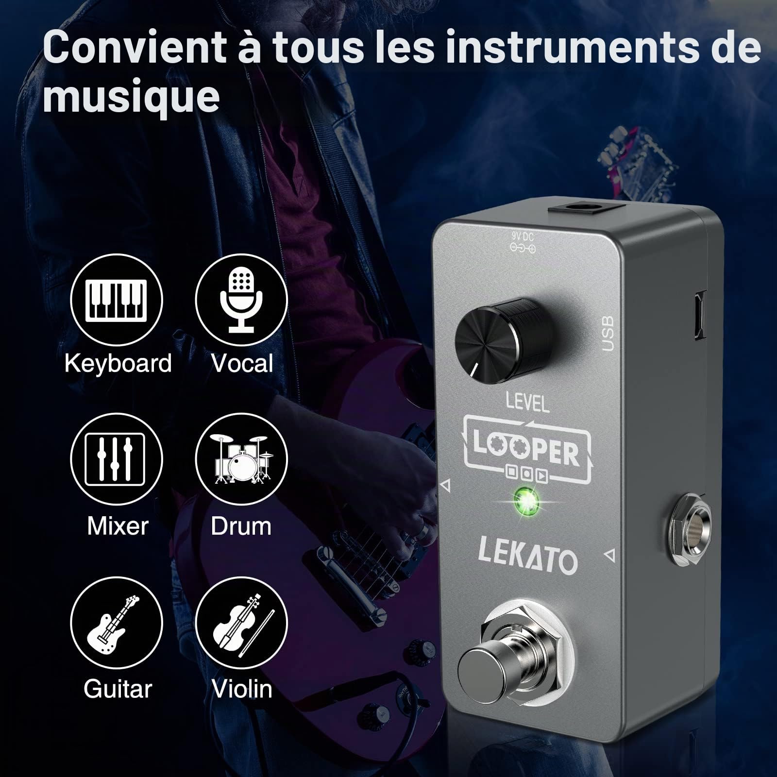 LEKATO Guitar Looper Loop Pedal Station Unlimited Overdubs Pédale d'effet de boucle de guitare avec 5 minutes de temps d'enregistrement Looper pour guitare électrique basse
