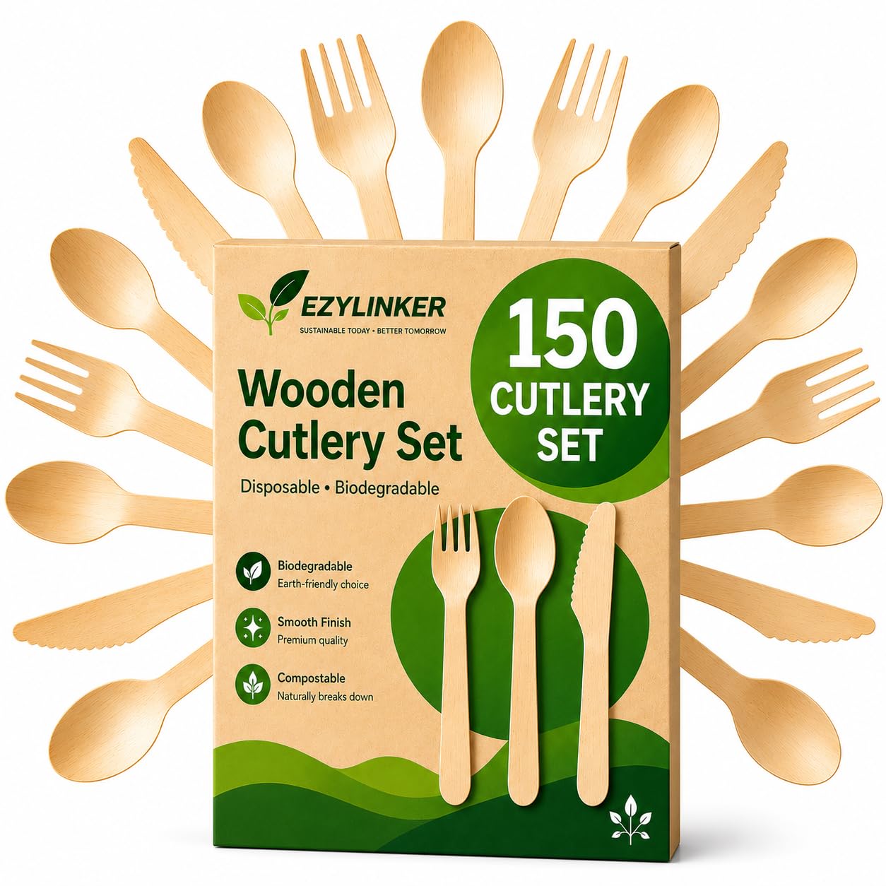 (150 Count) Disposable Wooden Cutlery Set - Alternative to Plastic, Eco Friendly, Biodegradable, Compostable Cutlery Set - 50 Wood Spoons, 50 Wooden Knives & 50 Wooden Forks Disposable Utensils Set