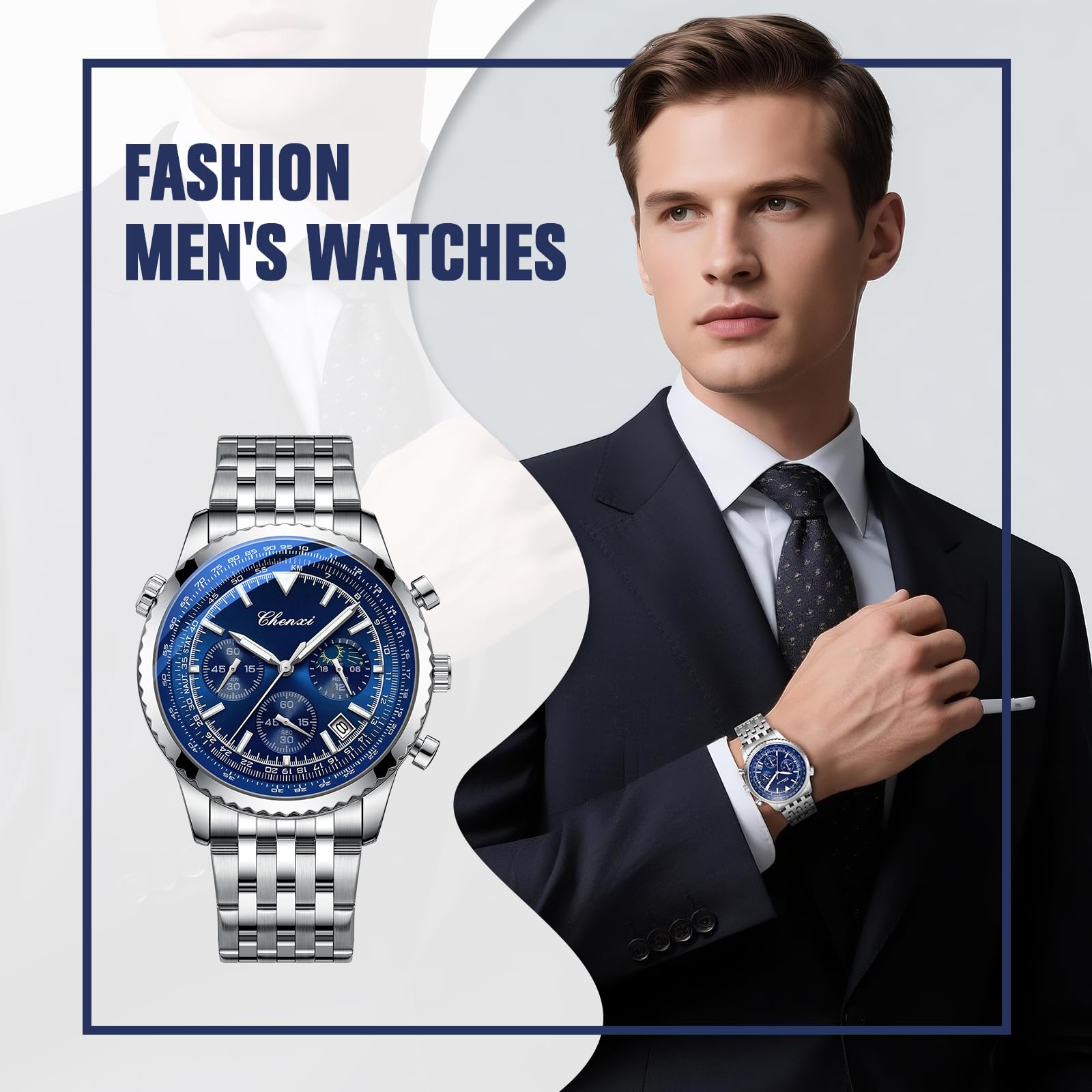 OIDEA Montre chronographe pour homme en acier inoxydable : cadran bleu montre homme analogique quartz aiguilles lumineuses multi cadran avec échelle horaire date classique cadeau élégant pour homme