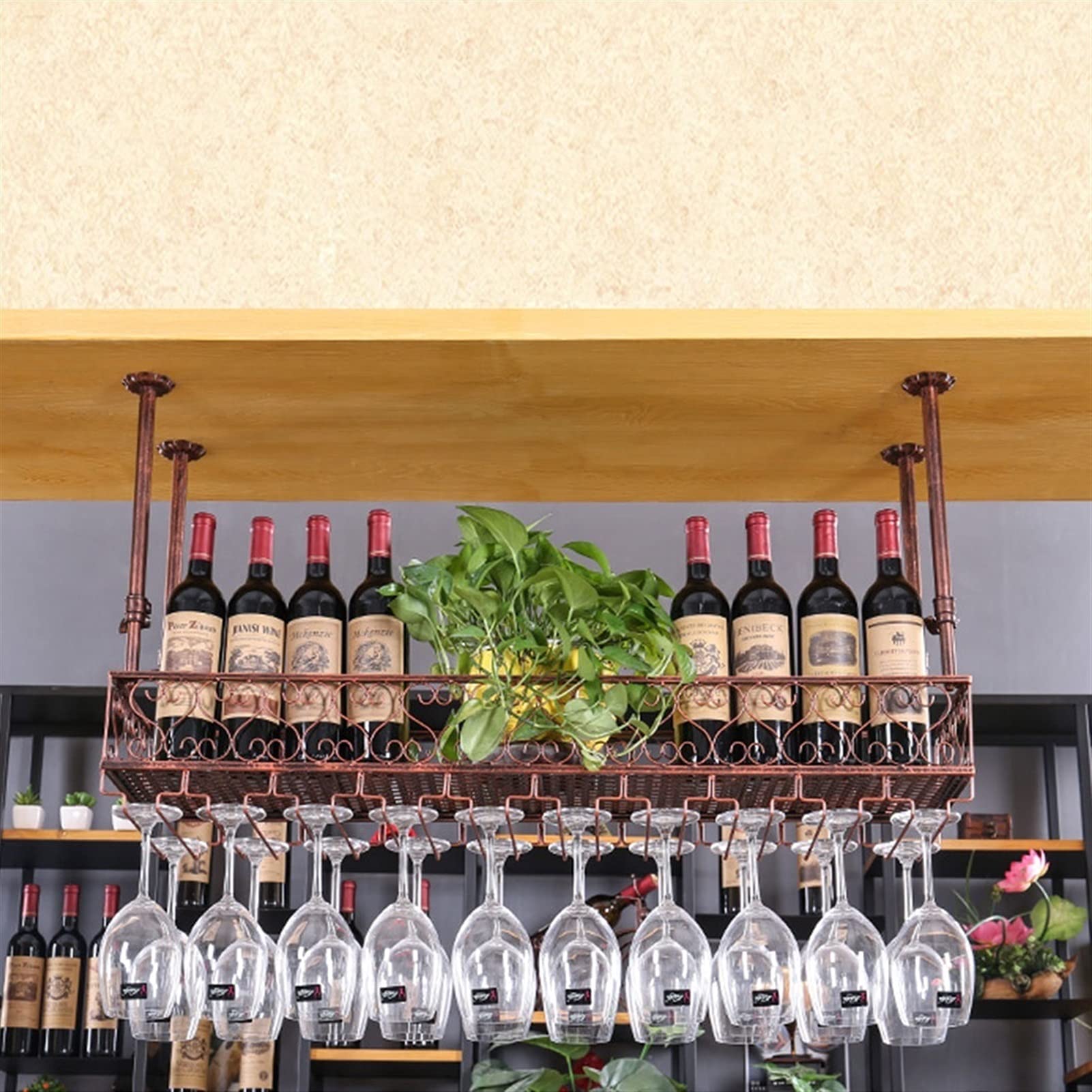Casier à vin de plafond suspendu en bronze de 100 cm avec support à verres pour cuisine et bar