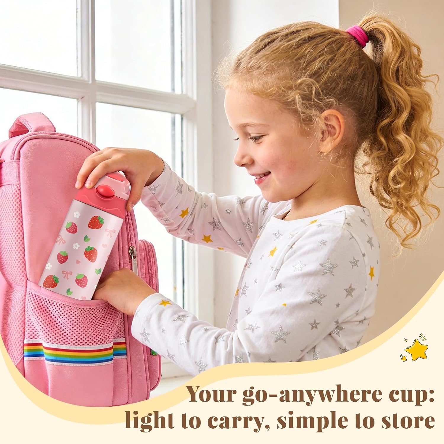 12oz Strawberry Kids Water Bottle, Bows Water Bottle for School, Pink Kids Insulated Bottles with Straw & Handle, Leak-Proof, BPA-free, Straw Lid, Stainless Steel for Travel Gift Cup for Girls(1pc) image 5