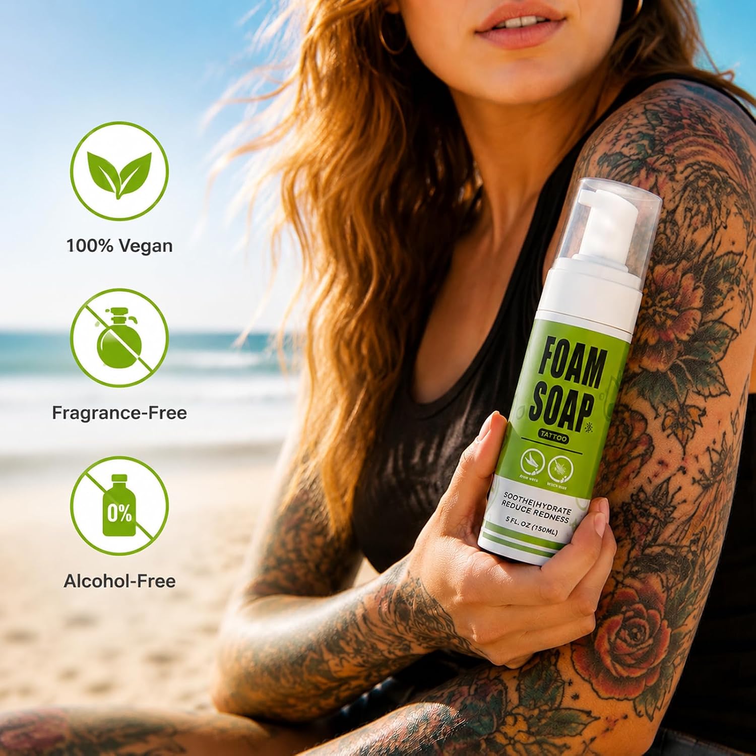 Tattoo Aftercare Soap Foam Wash for New Tattoos & Piercings, Fragrance Free Tattoo Cleaner with Aloe Vera & Witch Hazel, Gentle Tattoo Soap for Sensitive Skin, Vegan 5oz