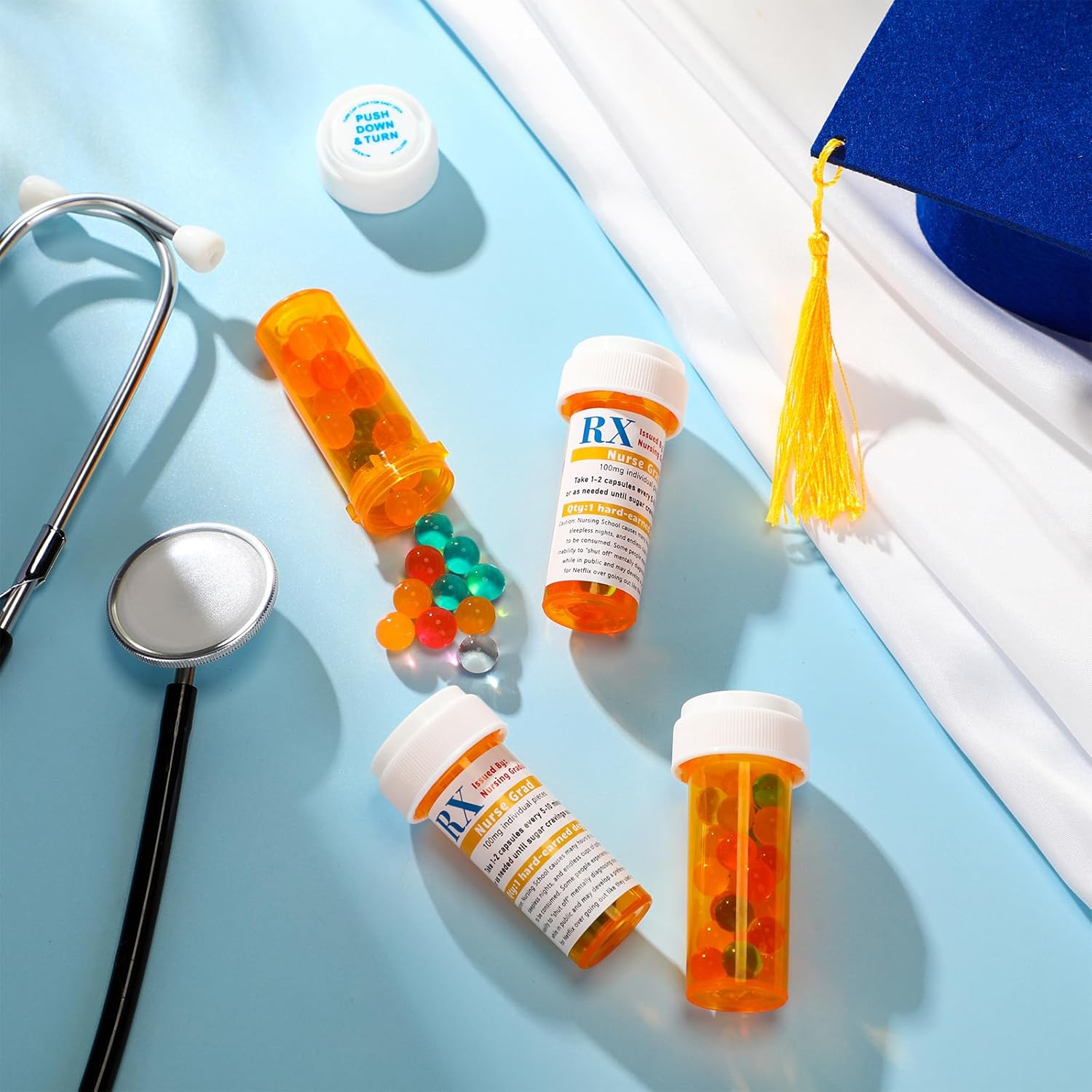 Threlaco 60 Set Nursing Graduation Party Supplies 60 Empty Pill Bottles with Caps 8 Dram Plastic Medicine Containers with 60 Sticky Label Pill Vial for Nurse Party Favors Serve