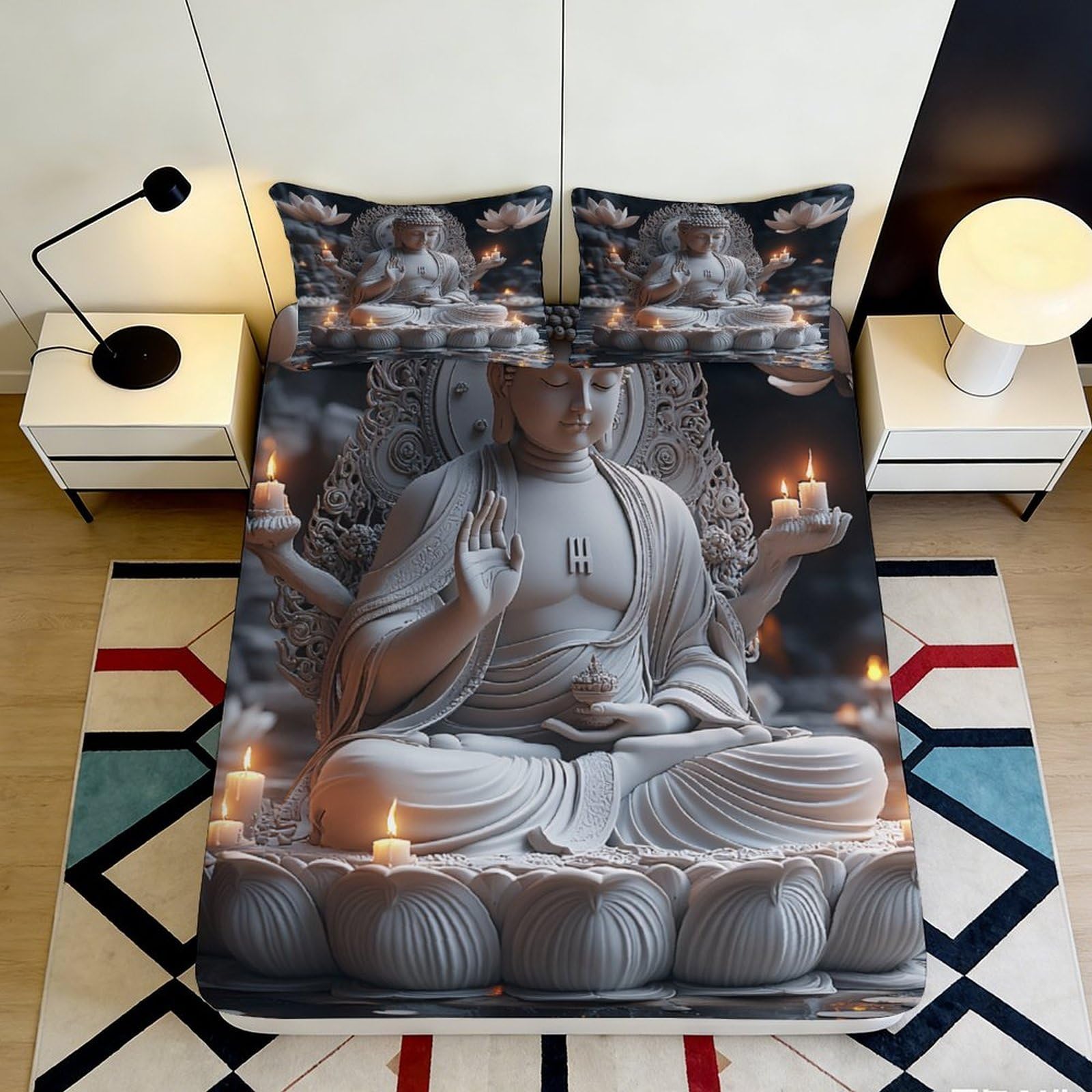 3D Printed Buddha Statue Fitted Sheet Microfiber Soft Anti-Slip Lotus Candle Mattress Cover Bedroom Dorm Decor 90x200x25cm