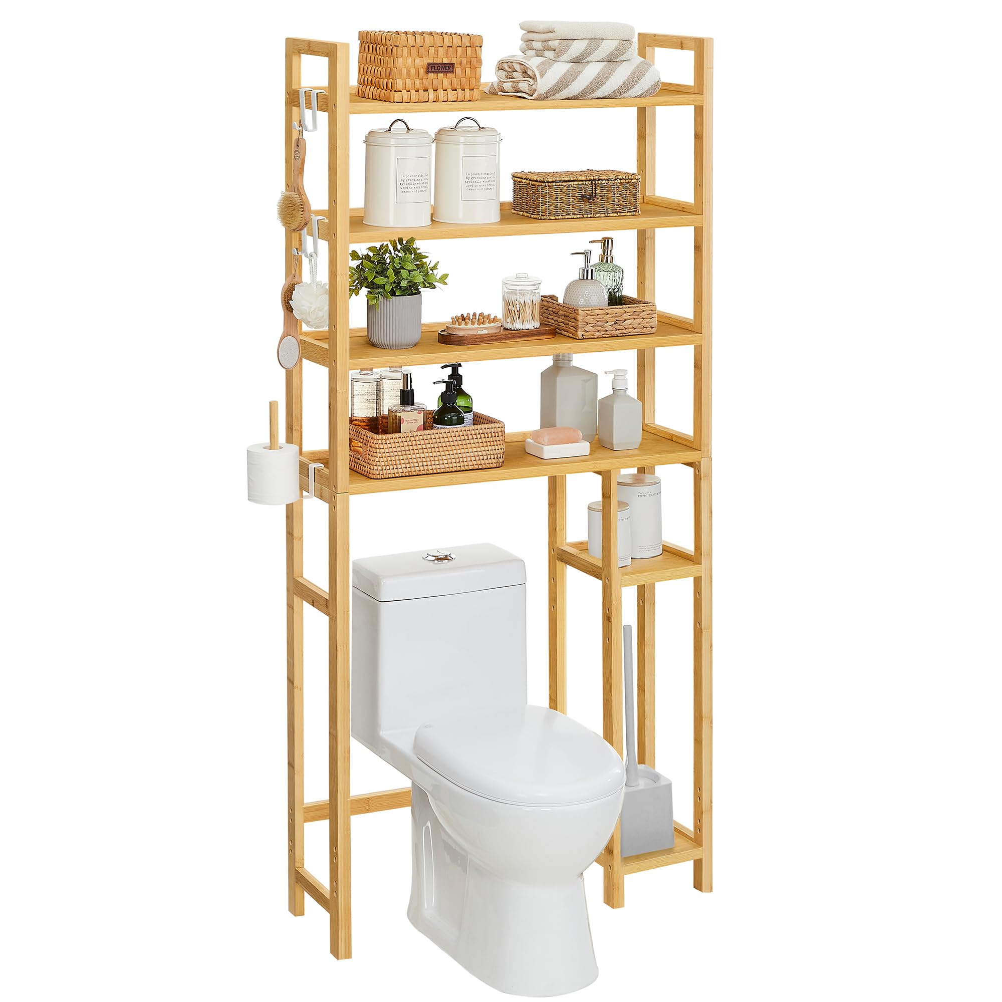 SONGMICS Over The Toilet Storage Shelf with Toilet Paper Holder, Bamboo Bathroom Organizer with Adjustable Shelves, 4 Hooks, Space-Saving Storage Rack, Flexible Assembly, Natural Beige 