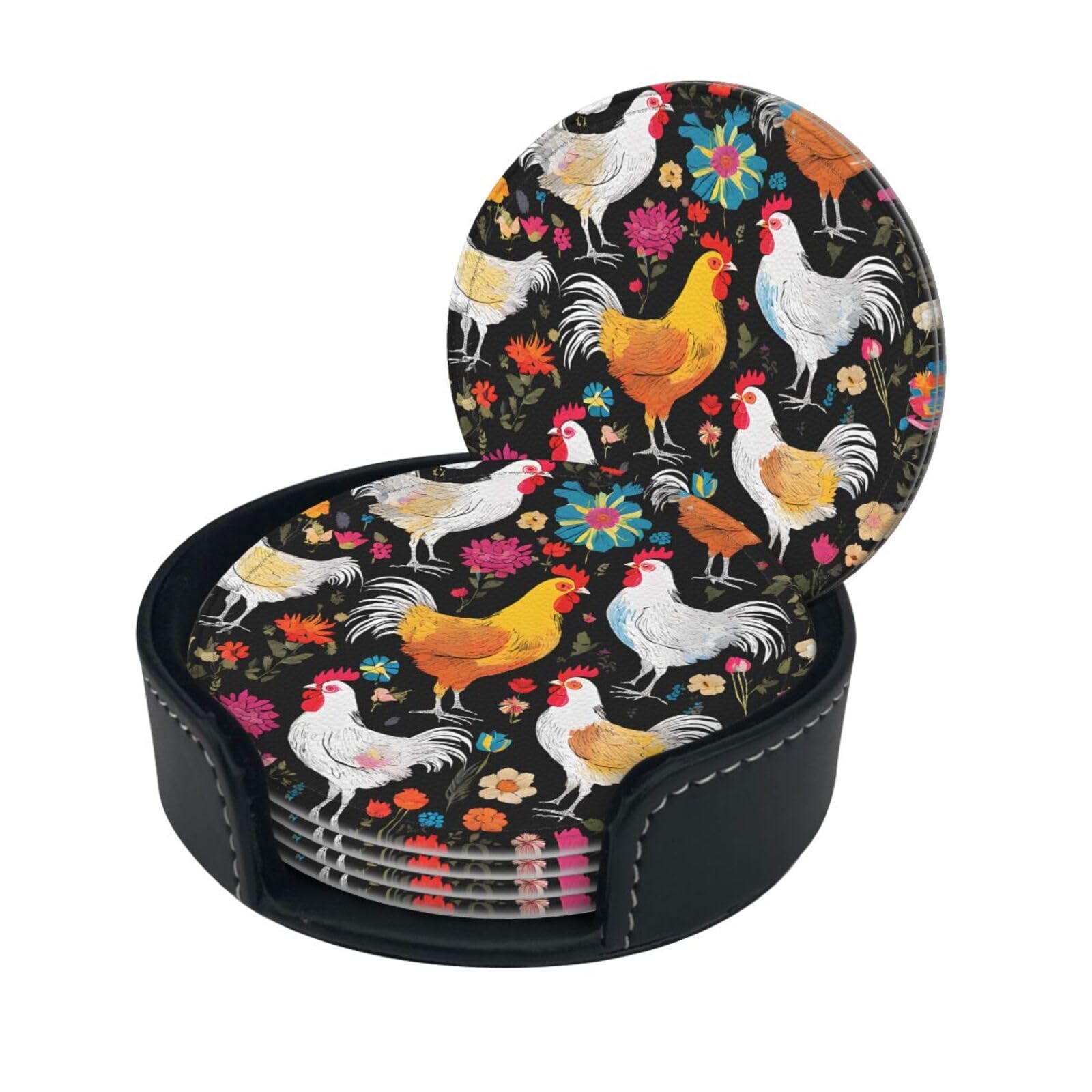 Cute Rooster Chickens Print Coaster,Round Leather Coasters with Storage Box for Wine Mugs,Cold Drinks and Cups Tabletop Protection (6 Piece)