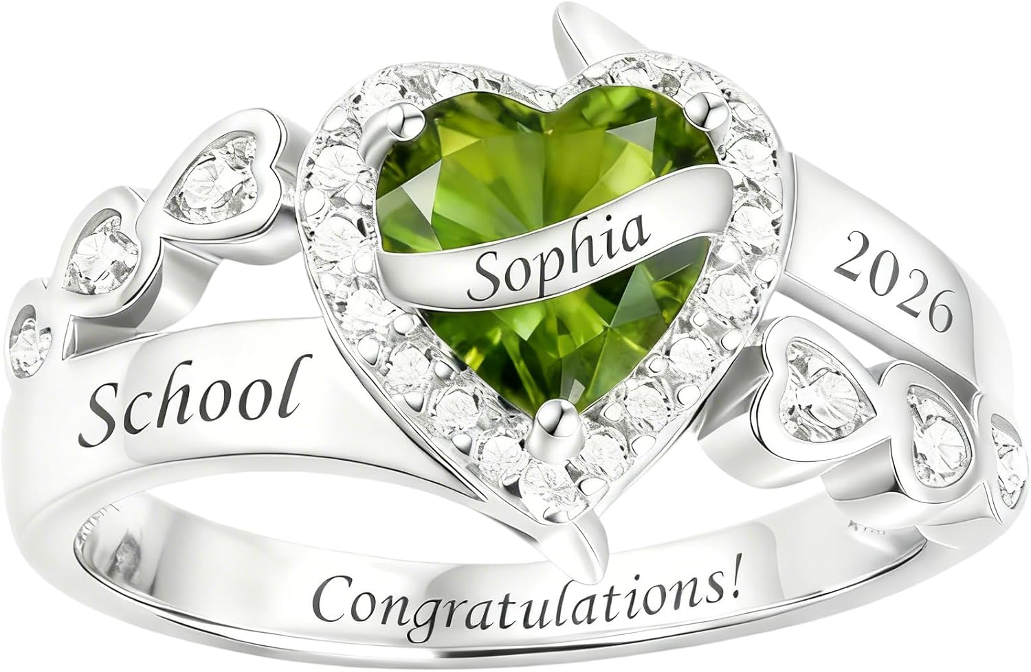 Heart Cubic Zirconia Class Ring for Women Engraving Available High School Rings Class of 2026 Sterling Silver Personalized Graduation Jewelry Gift for Her